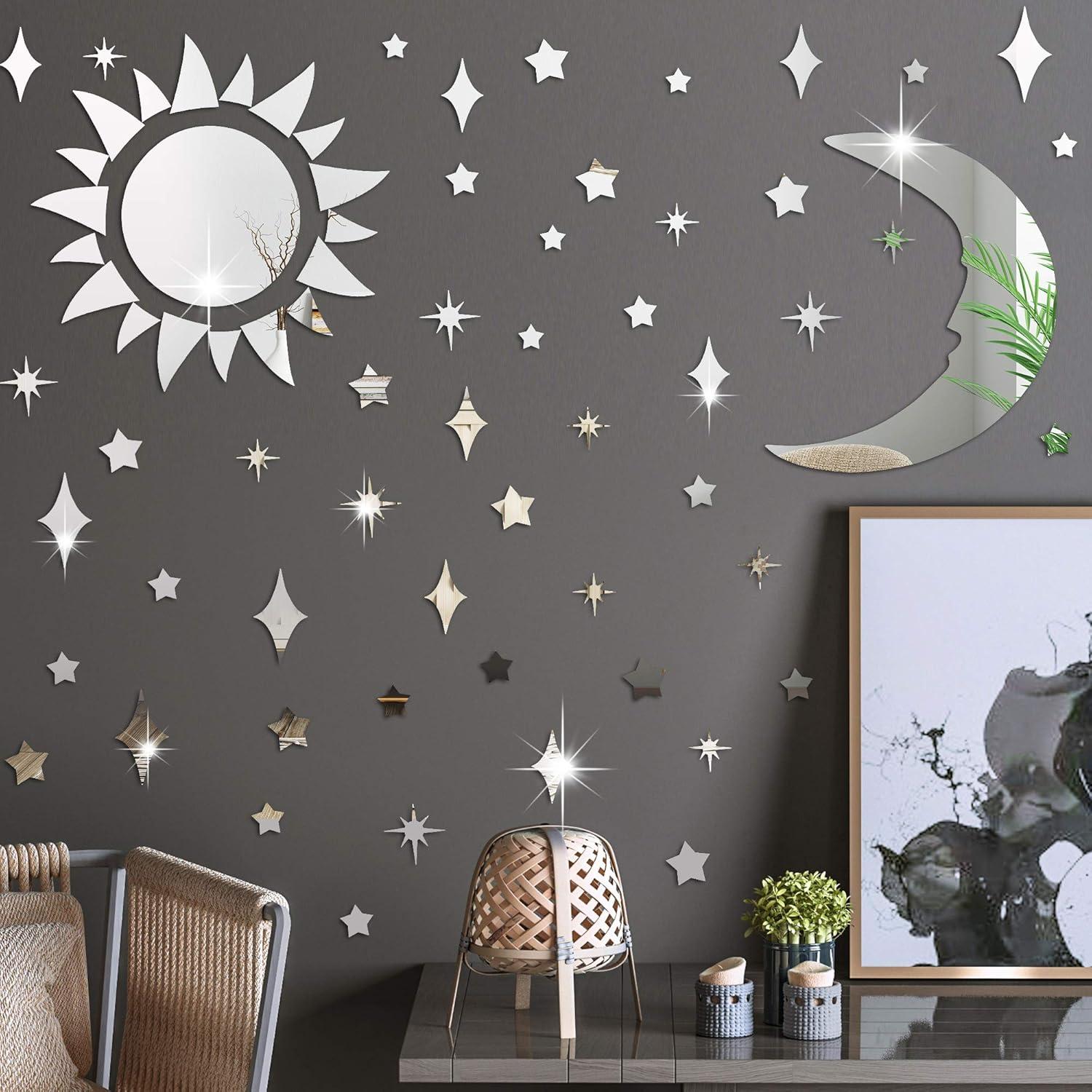 Calcomanía de Pared Espejo Acrílico Luna y Estrellas Amaonm