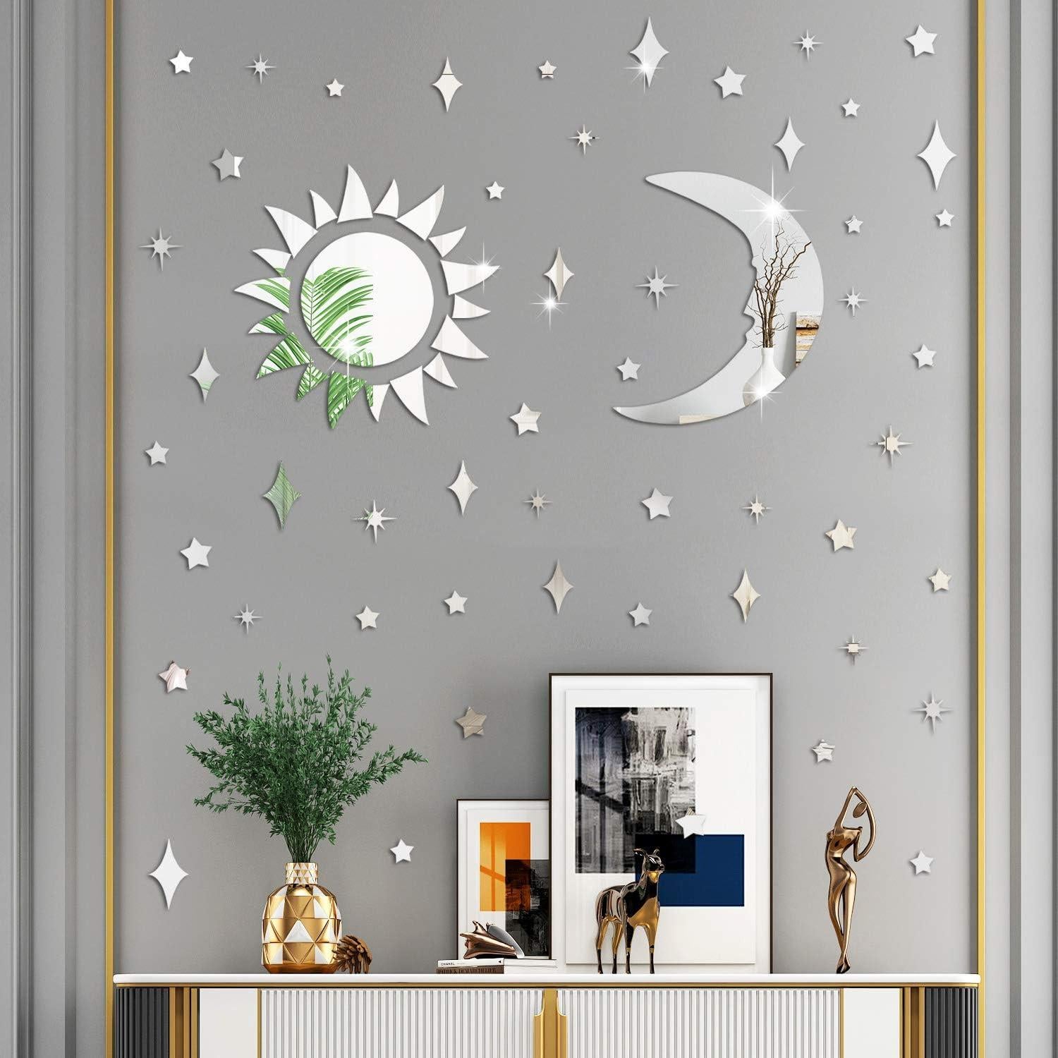 Calcomanía de Pared Espejo Acrílico Luna y Estrellas Amaonm