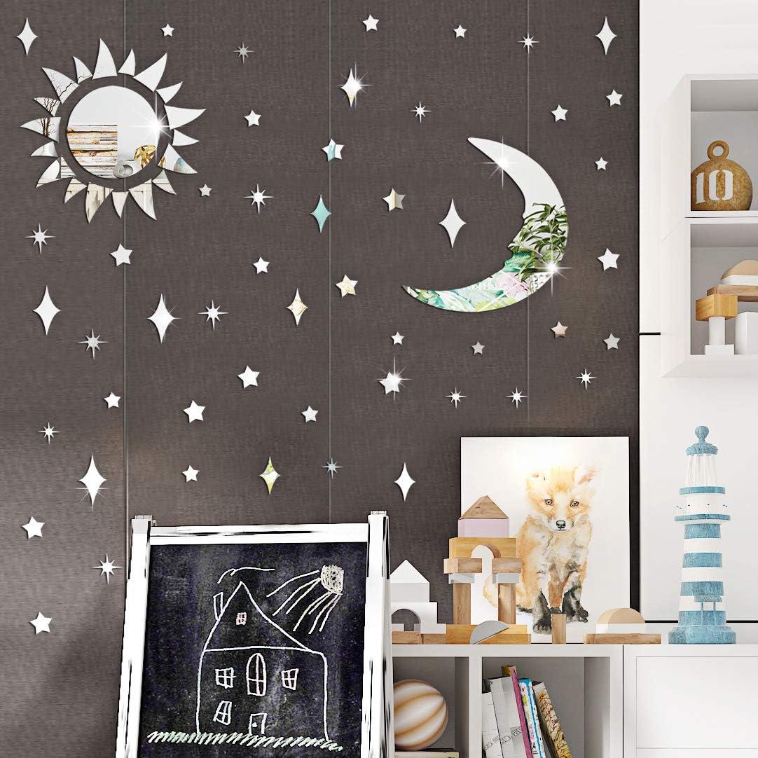 Calcomanía de Pared Espejo Acrílico Luna y Estrellas Amaonm