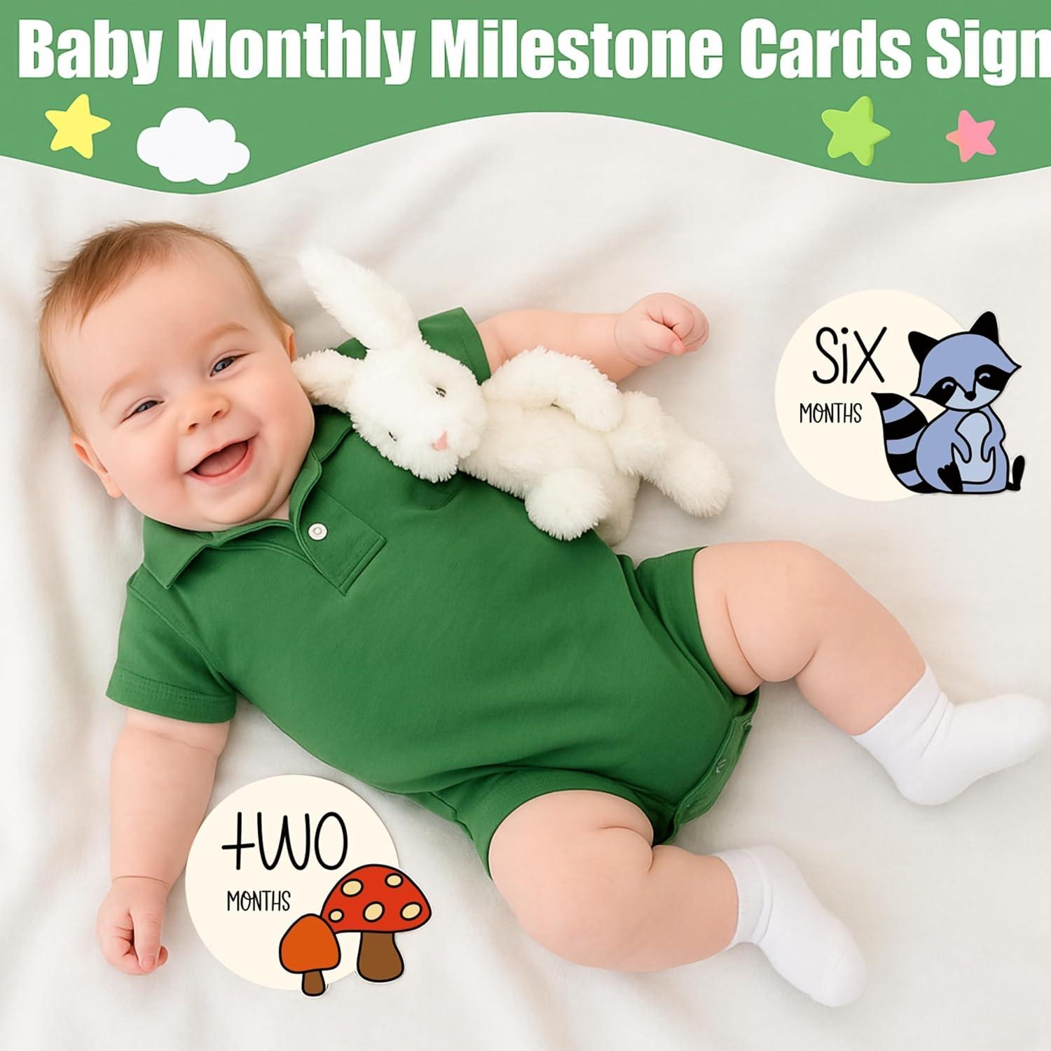 12 Tarjetas de Hitos Mensuales para Bebés Bosque Colorido