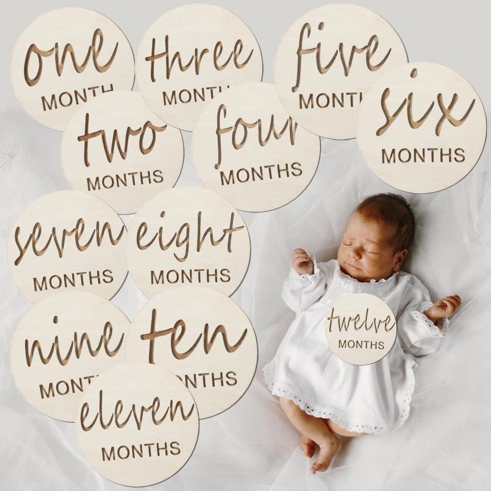 12 Tarjetas de Hitos Mensuales de Madera para Bebés - Regalo