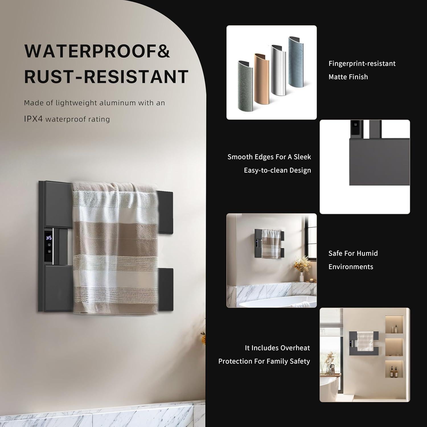 Soporte de Toallas Calentado Eléctrico EIKANIOS 2Bar Negro