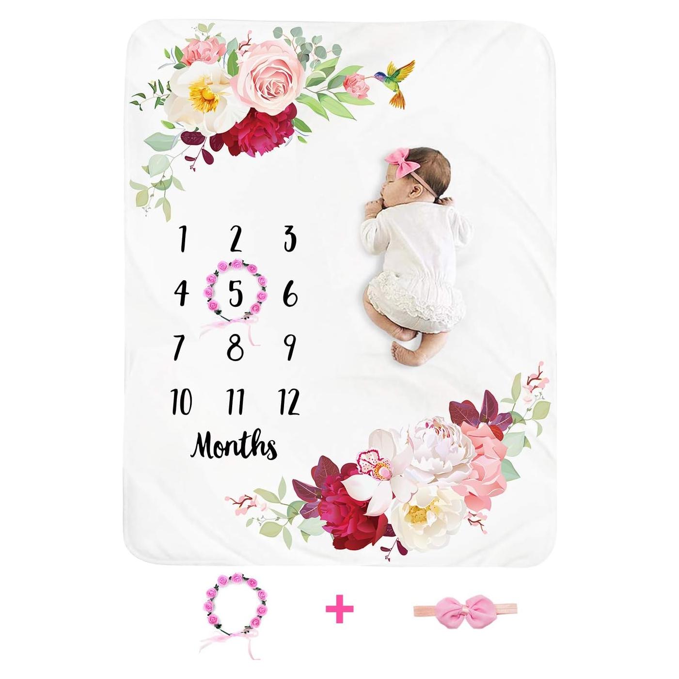 Manta de Hitos Mensuales Tebaby Rosa Floral 130x100 cm Suave