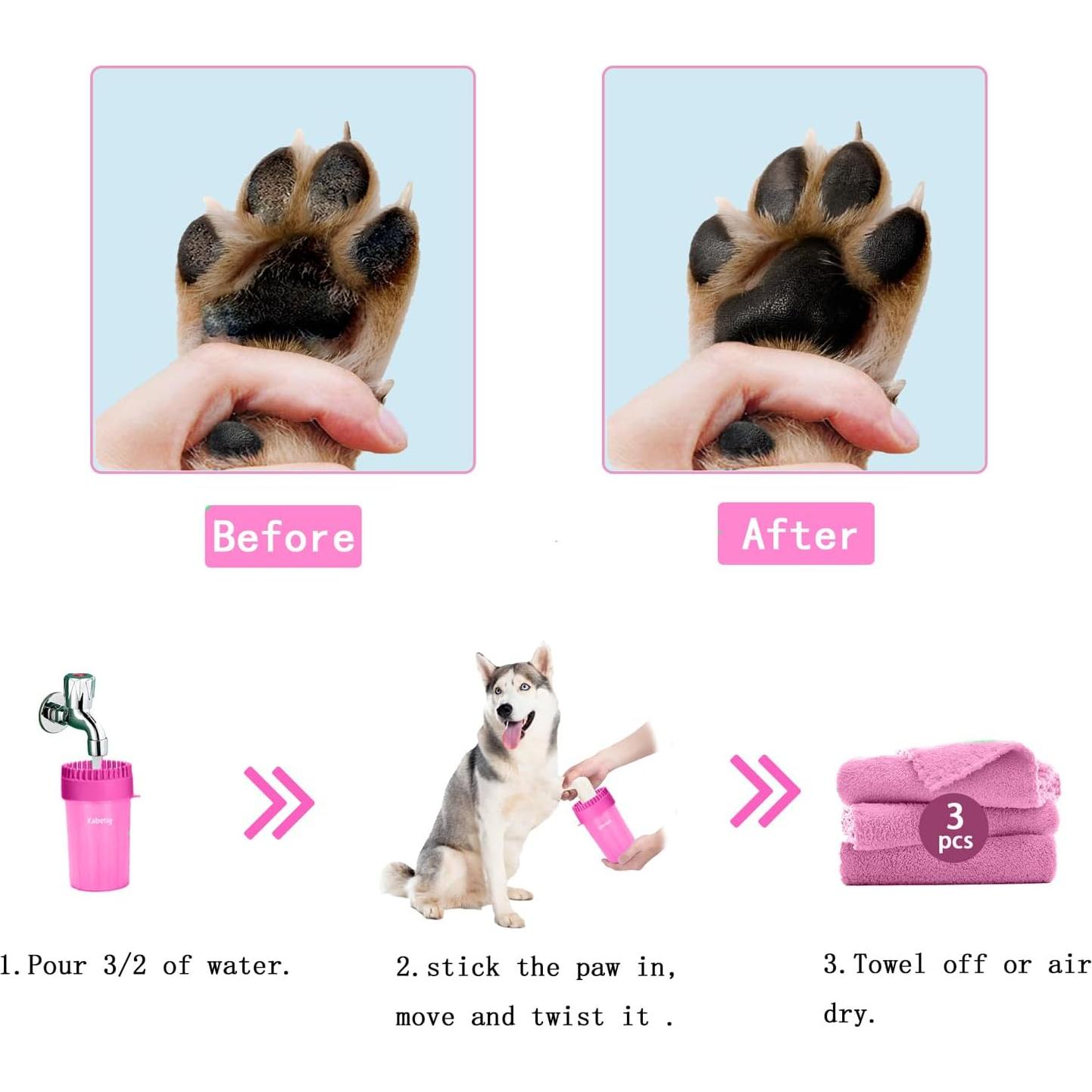 Limpiador de patas para perros Kabetig Mediano Rosa con 3 toallas