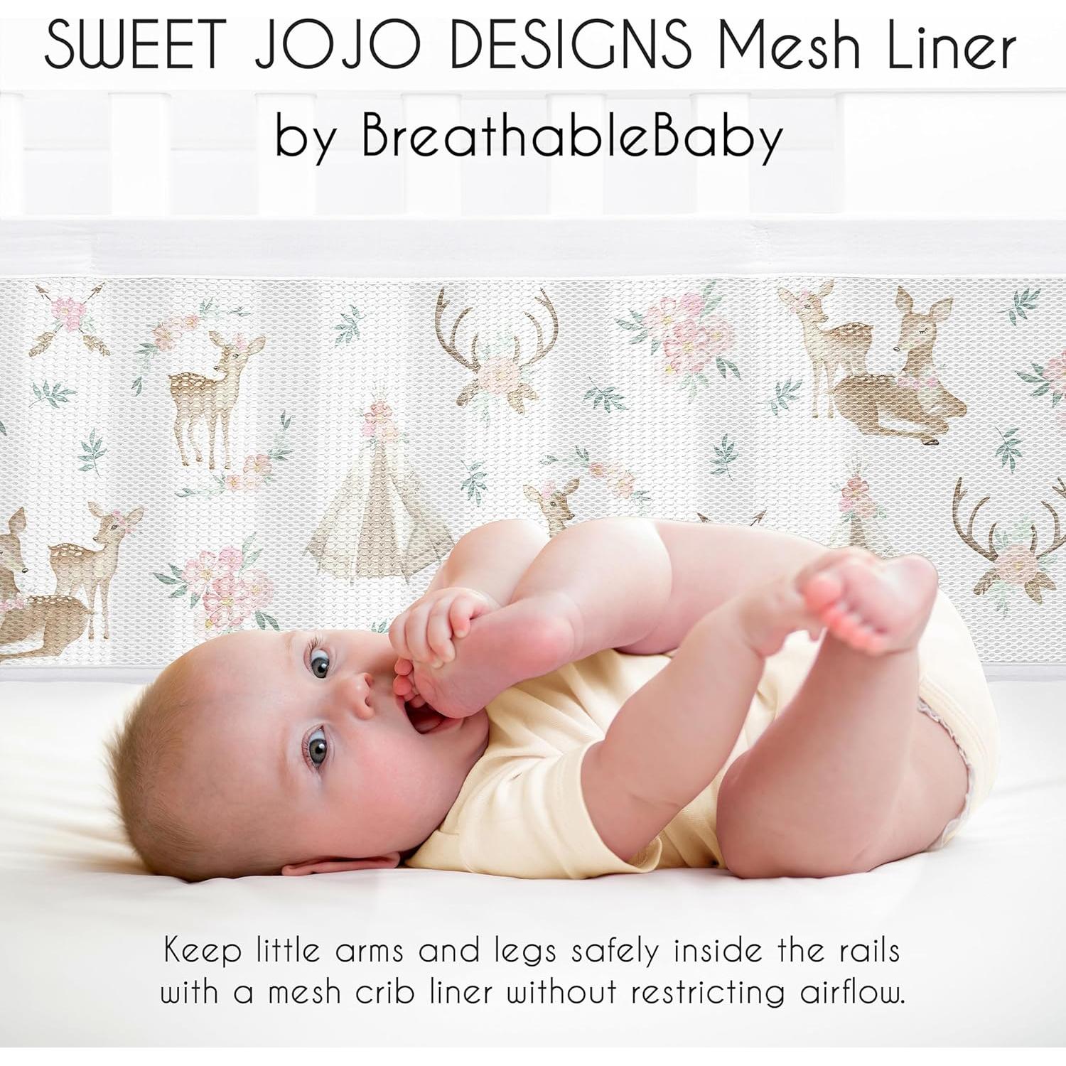 Forro de Cuna de Malla Sweet Jojo Designs + BreathableBaby Rosa Verde