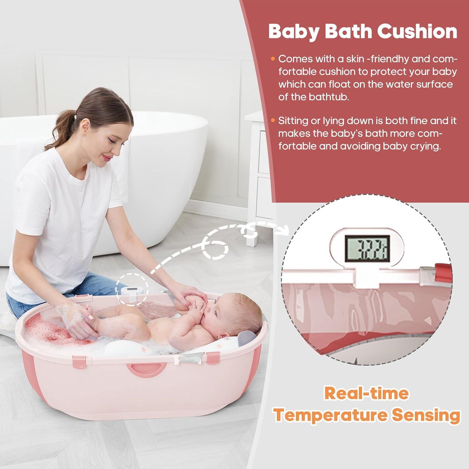 Bañera Plegable Joyingbaby Rosa con Cojín y Termómetro