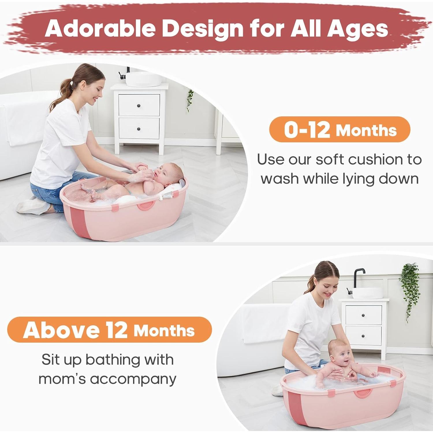 Bañera Plegable Joyingbaby Rosa con Cojín y Termómetro