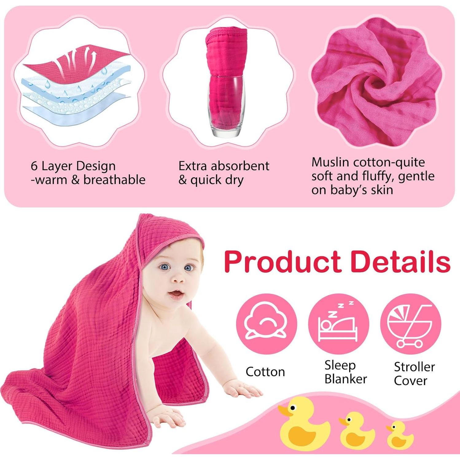 Toallas de Bebé con Capucha Peryiter 6 Pcs Algodón Rosa 81x81cm