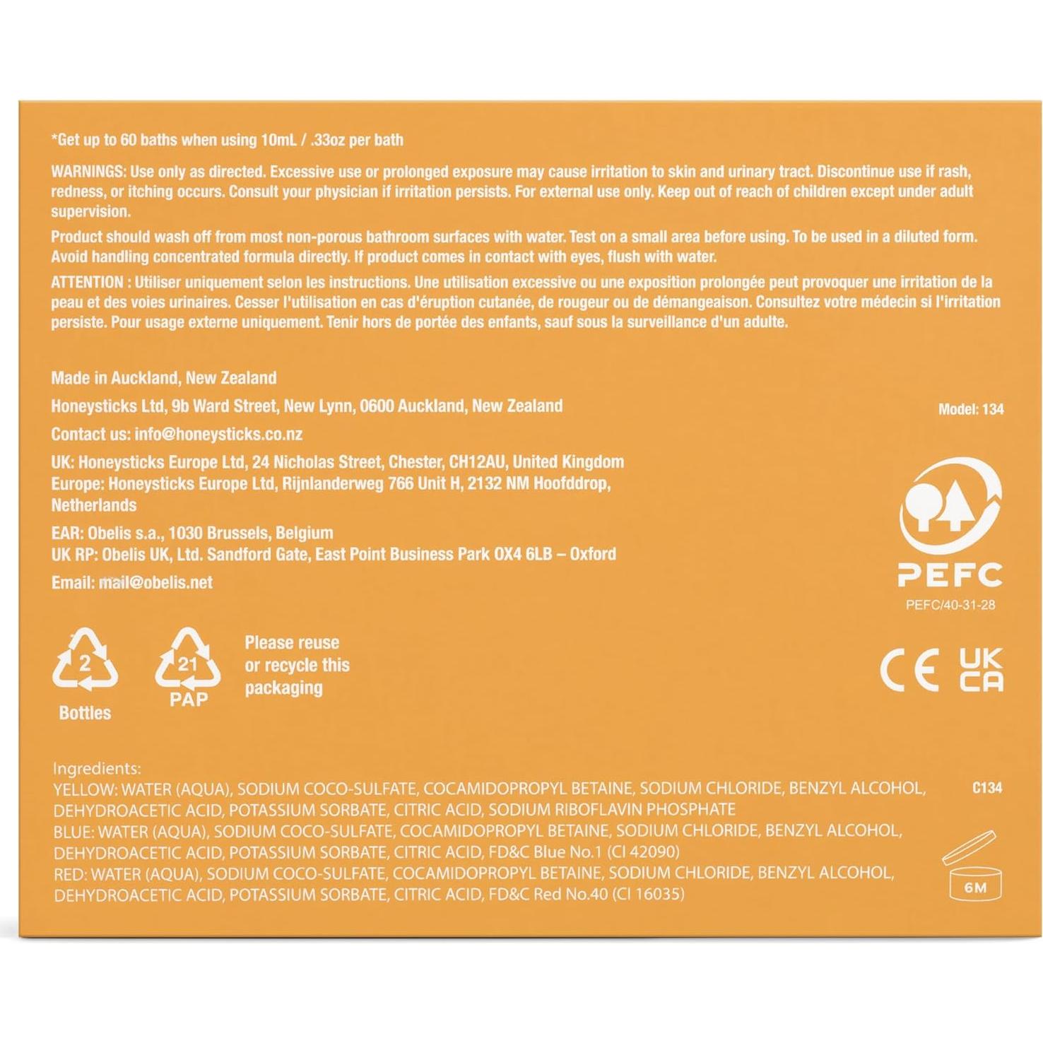 Honeysticks Baño de Burbujas Colorido 3 Pk - No Tóxico 250 ml