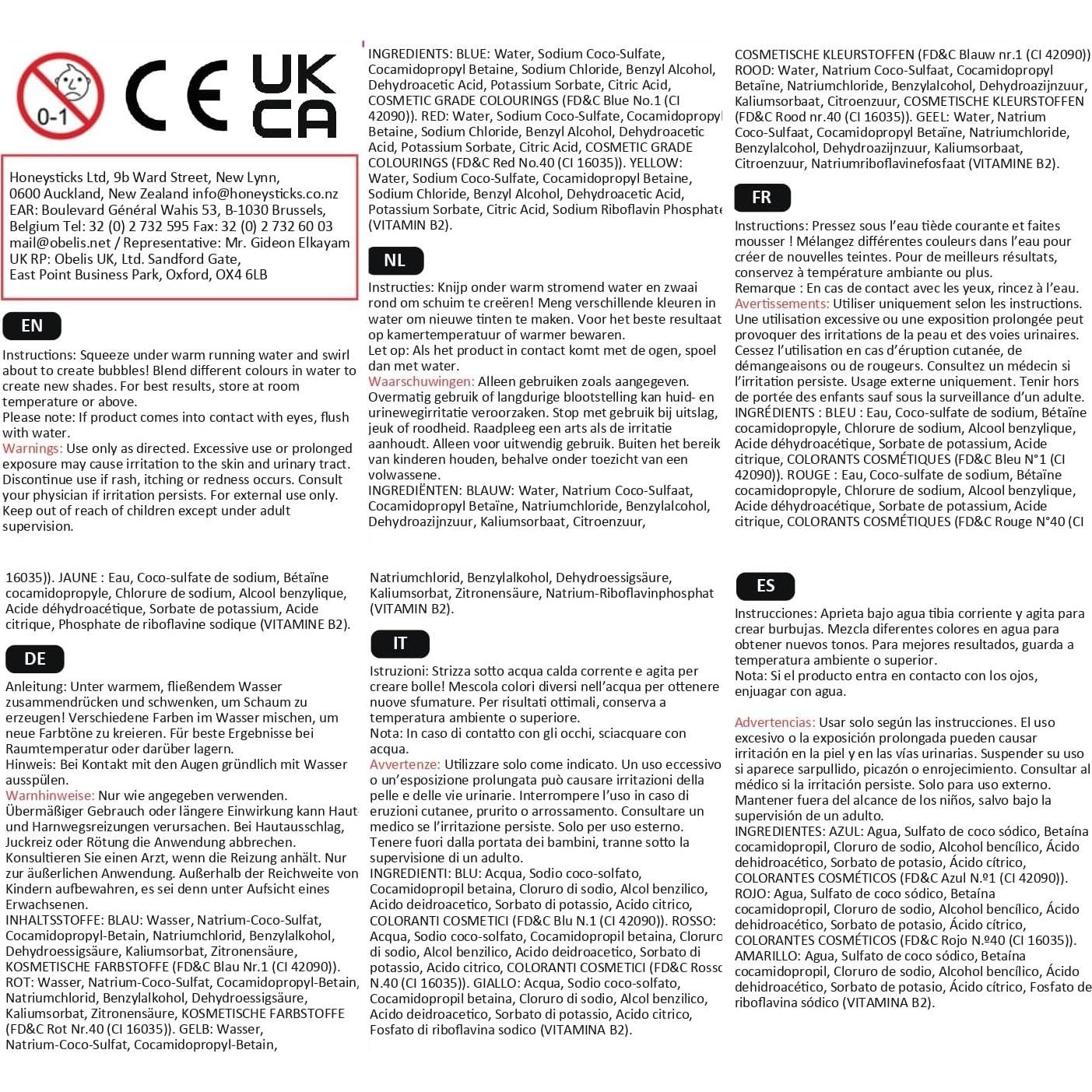 Honeysticks Baño de Burbujas Colorido 3 Pk - No Tóxico 250 ml