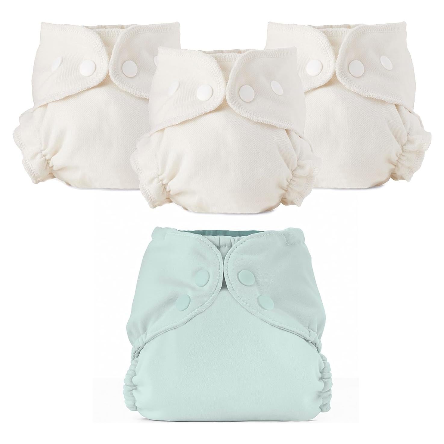 Conjunto de Pañales de Tela Esembly - 3 Inners Algodón Orgánico y 1 Cubierta Impermeable - Tamaño 1 (3.2-7.7 kg)