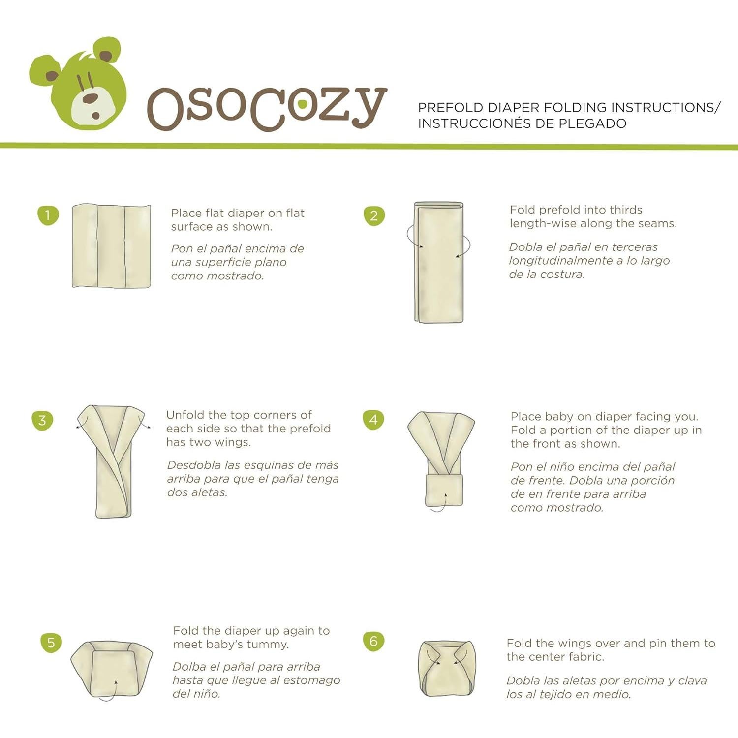 Pañales de Tela Prefold OsoCozy Tamaño 2 (6.8-13.6 kg) - Paquete de 6