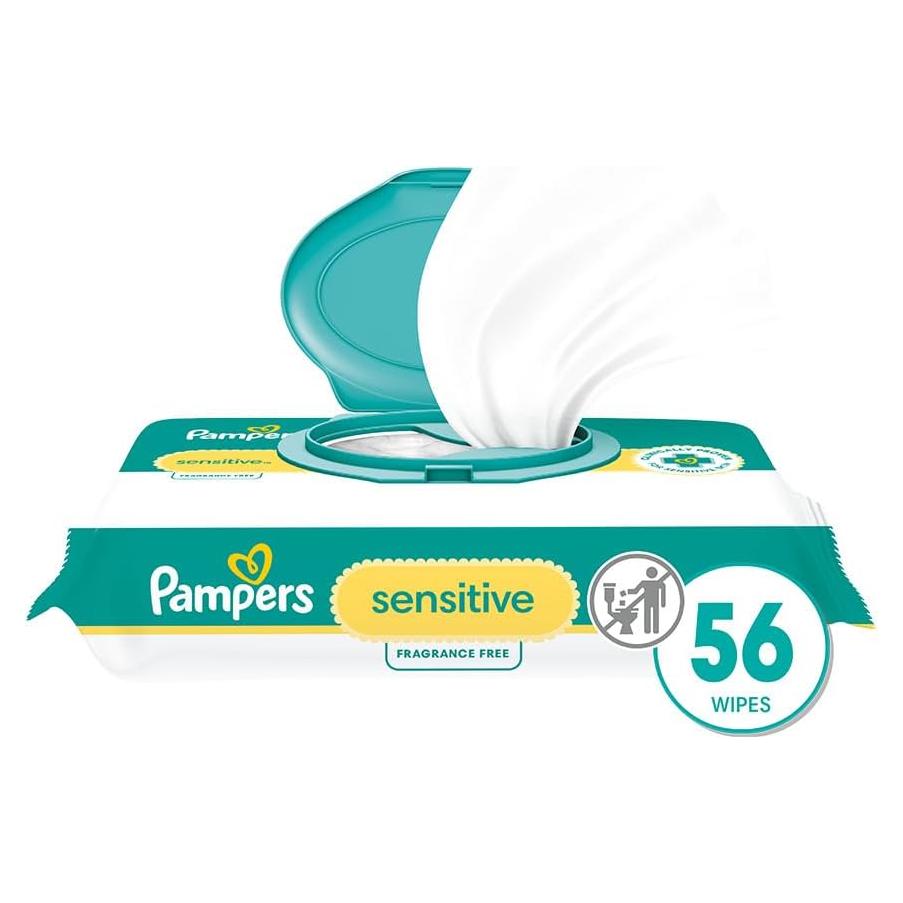 Pampers Baby Wipes Sensitive, Water Based Baby Wipes, Hypoallergenic and Unscented Baby Wipes, 56 Wipes Total (1 Flip-Top Packs)