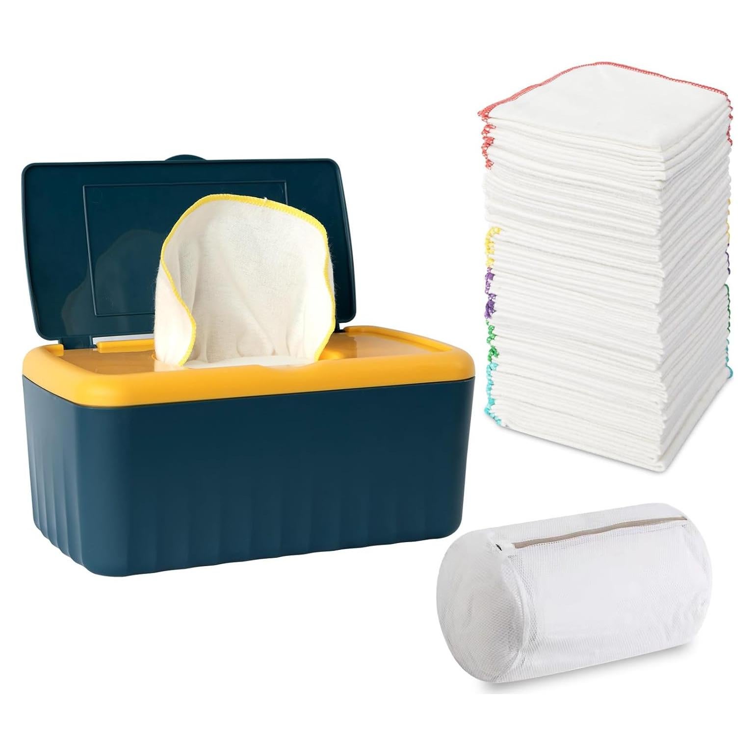 54 Toallitas de Tela Reutilizables para Bebés con Dispensador Azul