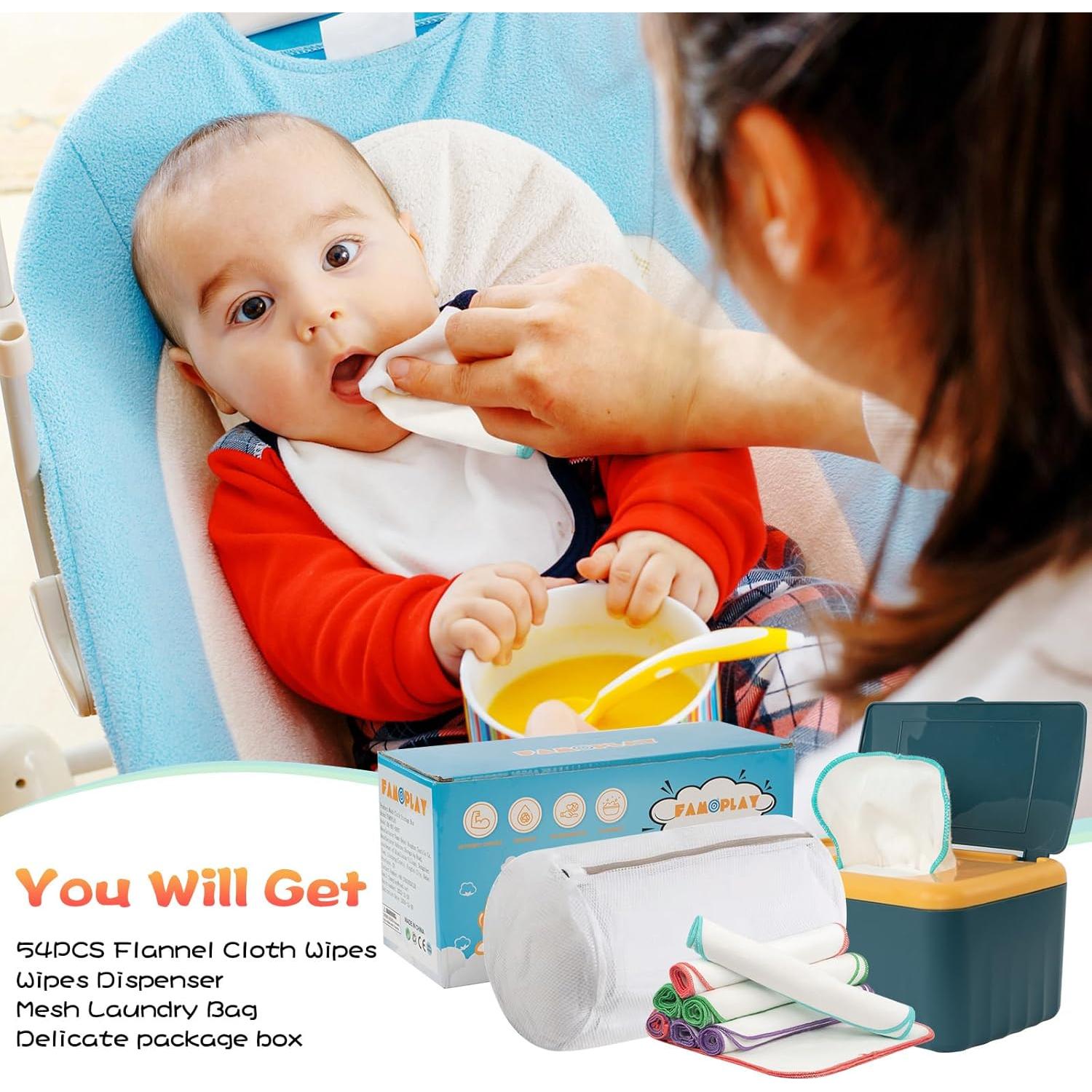 54 Toallitas de Tela Reutilizables para Bebés con Dispensador Azul