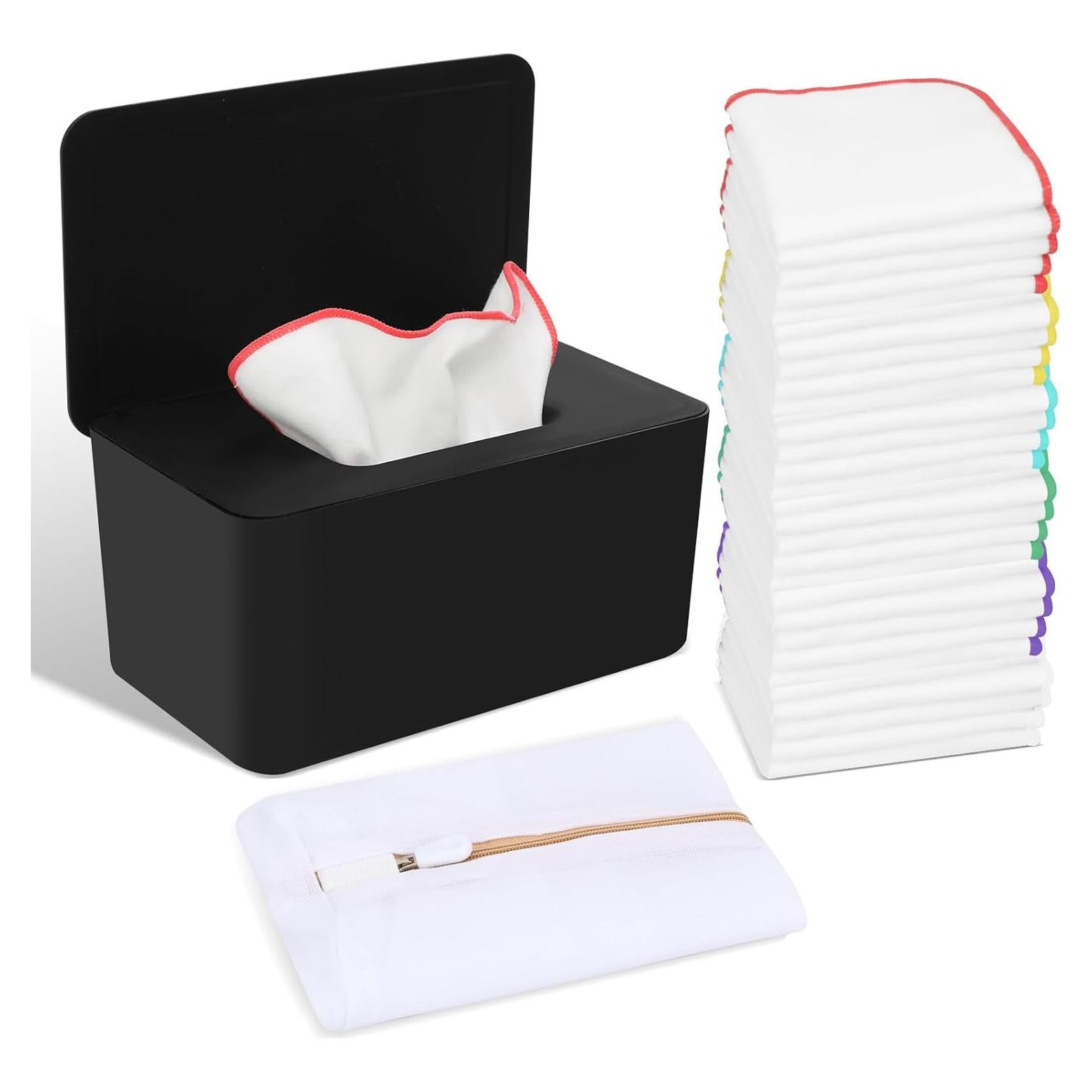 54 Toallitas de Tela Reutilizables para Bebés con Dispensador Negro