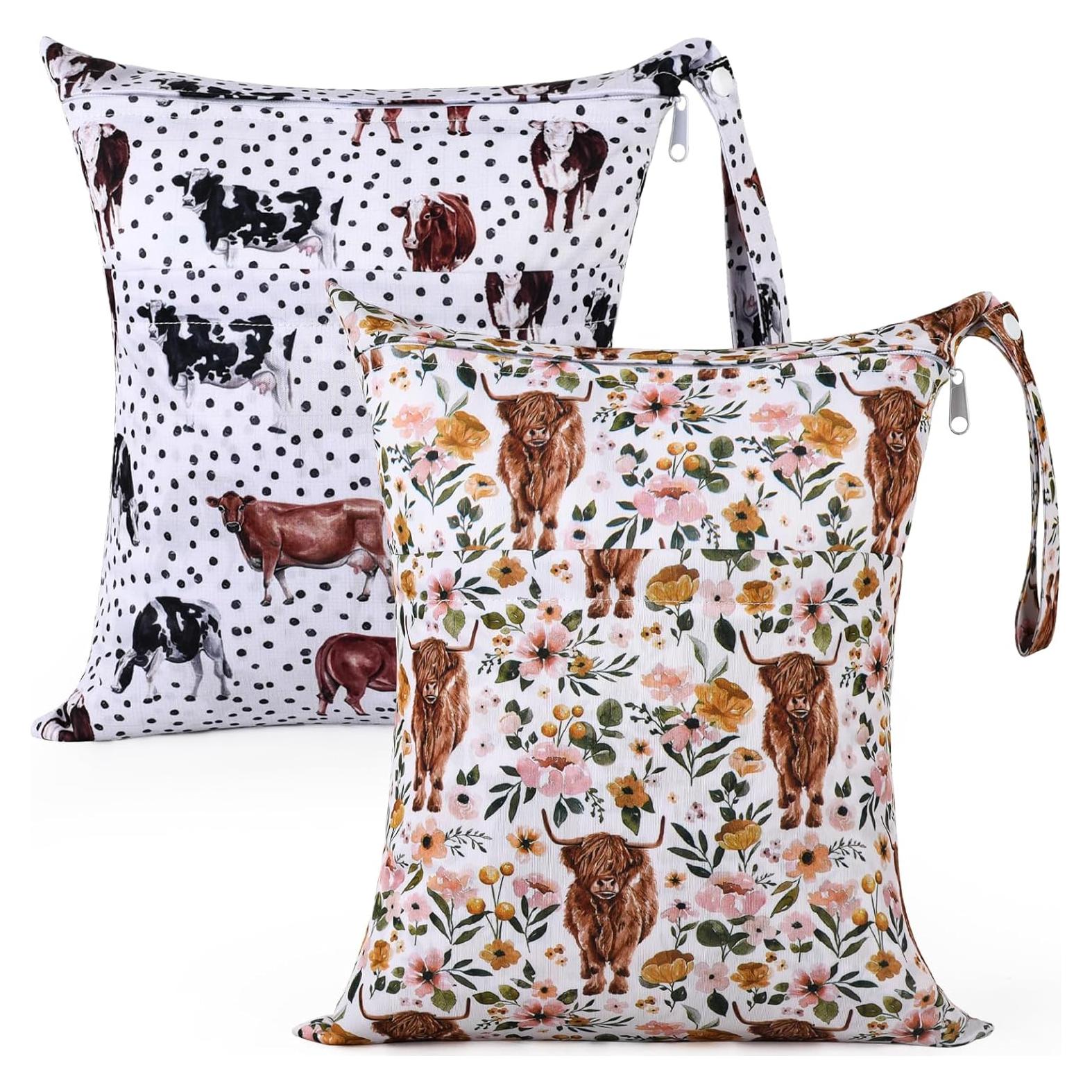 2pcs Cloth Diaper Wet Dry Bags Waterproof Reusable with Two Zippered Pockets Travel Beach Pool Stroller Daycare Soiled Baby Items Yoga Gym Bag for Swimsuits or Wet Clothes - Highland Cow