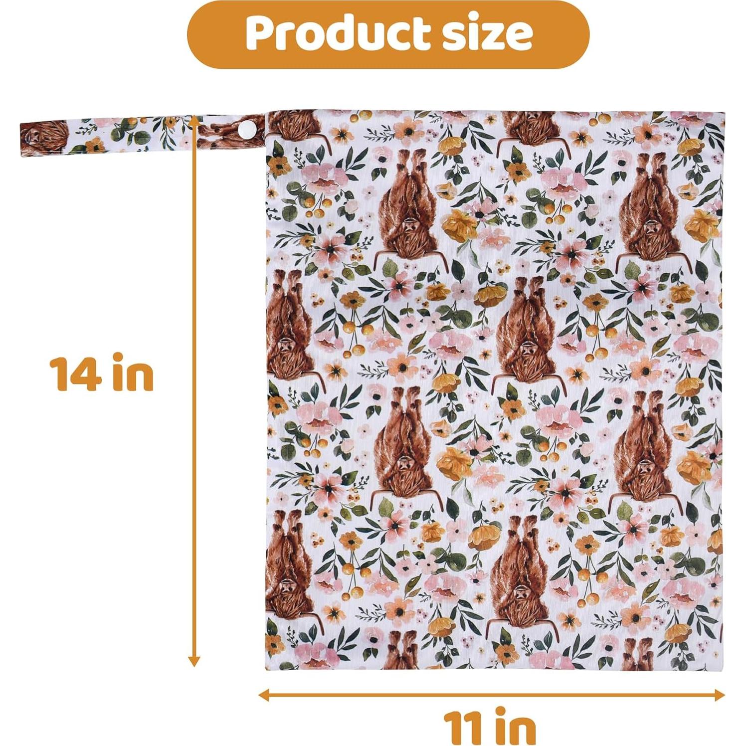 2pcs Cloth Diaper Wet Dry Bags Waterproof Reusable with Two Zippered Pockets Travel Beach Pool Stroller Daycare Soiled Baby Items Yoga Gym Bag for Swimsuits or Wet Clothes - Highland Cow