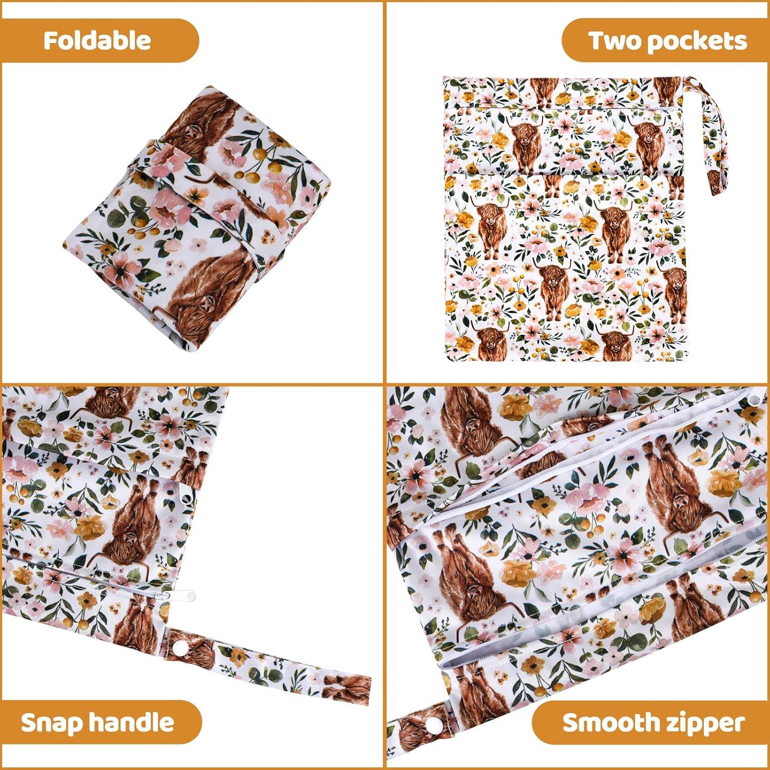 2pcs Cloth Diaper Wet Dry Bags Waterproof Reusable with Two Zippered Pockets Travel Beach Pool Stroller Daycare Soiled Baby Items Yoga Gym Bag for Swimsuits or Wet Clothes - Highland Cow