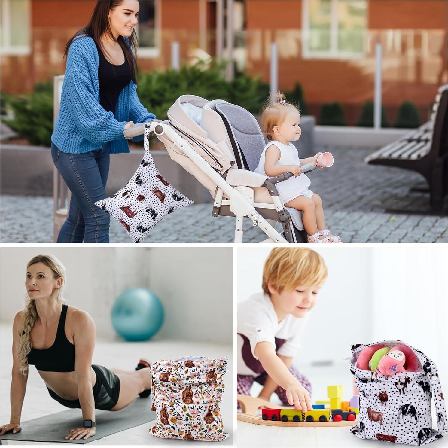 2pcs Cloth Diaper Wet Dry Bags Waterproof Reusable with Two Zippered Pockets Travel Beach Pool Stroller Daycare Soiled Baby Items Yoga Gym Bag for Swimsuits or Wet Clothes - Highland Cow