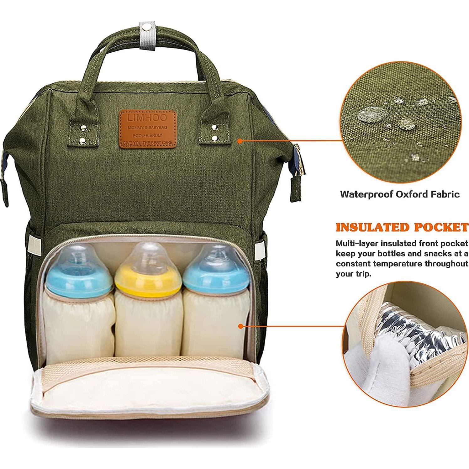 Mochila de Pañales Limhoo Verde Militar Impermeable 42x28x18 cm