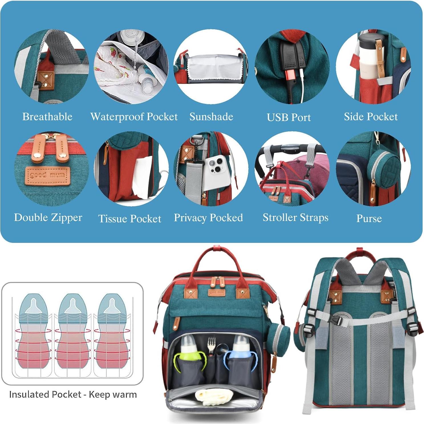 Mochila para Pañales Jeryswet Impermeable 30L USB Verde-Azul-Rojo