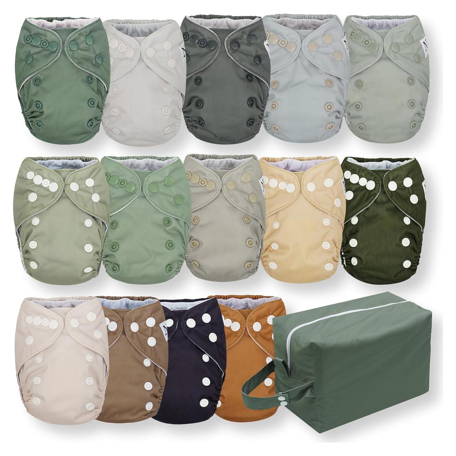 Paquete de 14 Pañales de Tela Todo en Uno Nora - Verde Pino