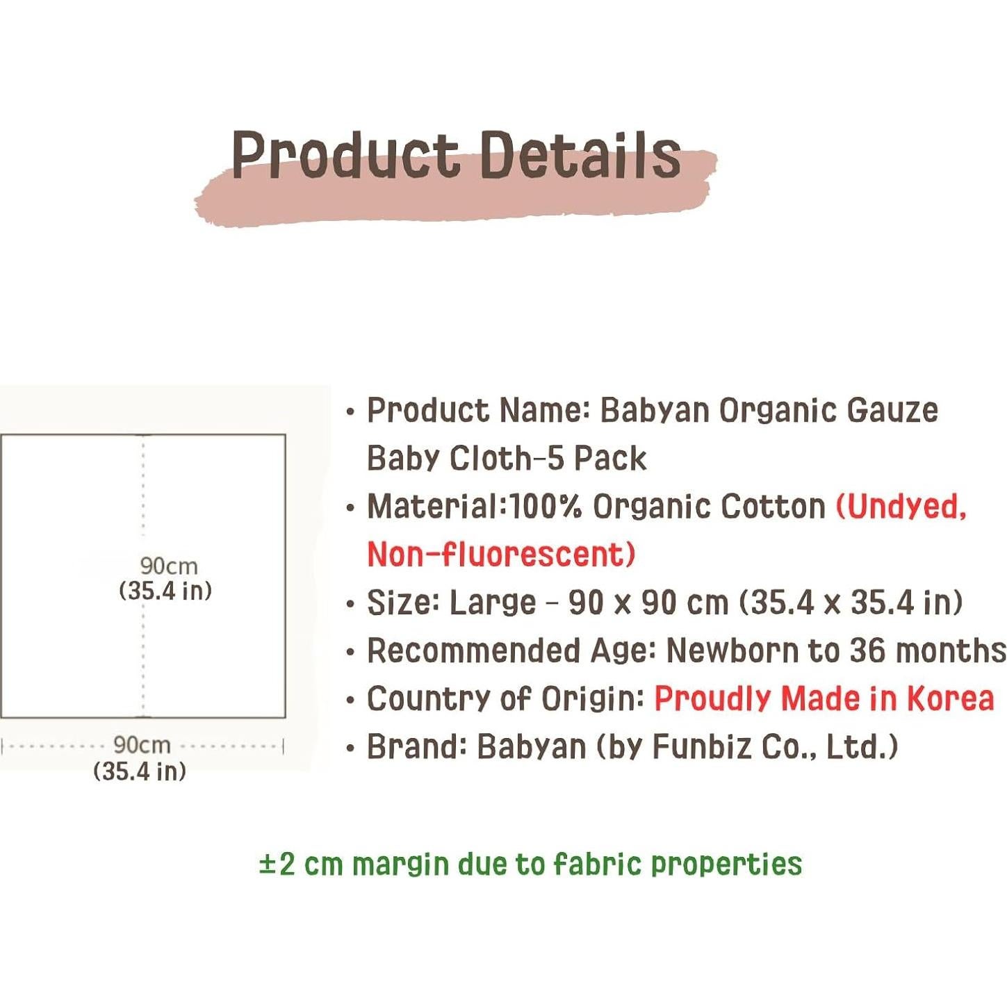 Paquete de 5 Paños de Gasa Orgánica Babyan - Algodón Ecológico