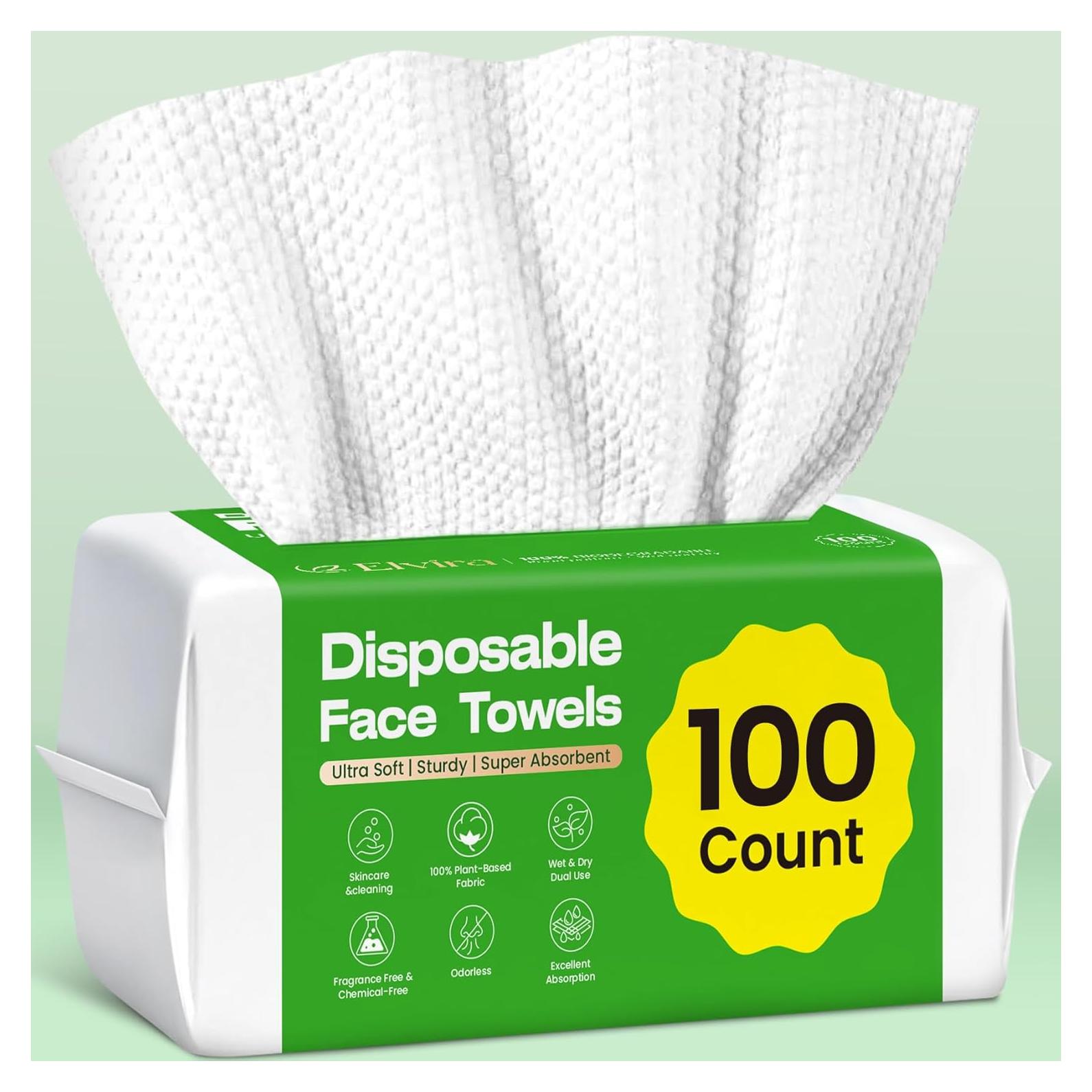 Elvira 100 Count Disposable Face Towels, Biodegradable Facial Cleansing Towels, Ultra Soft & Thick Cloth for Sensitive Skin, Makeup Remover Dry Wipes, Lint-Free Towelettes for Cleansing