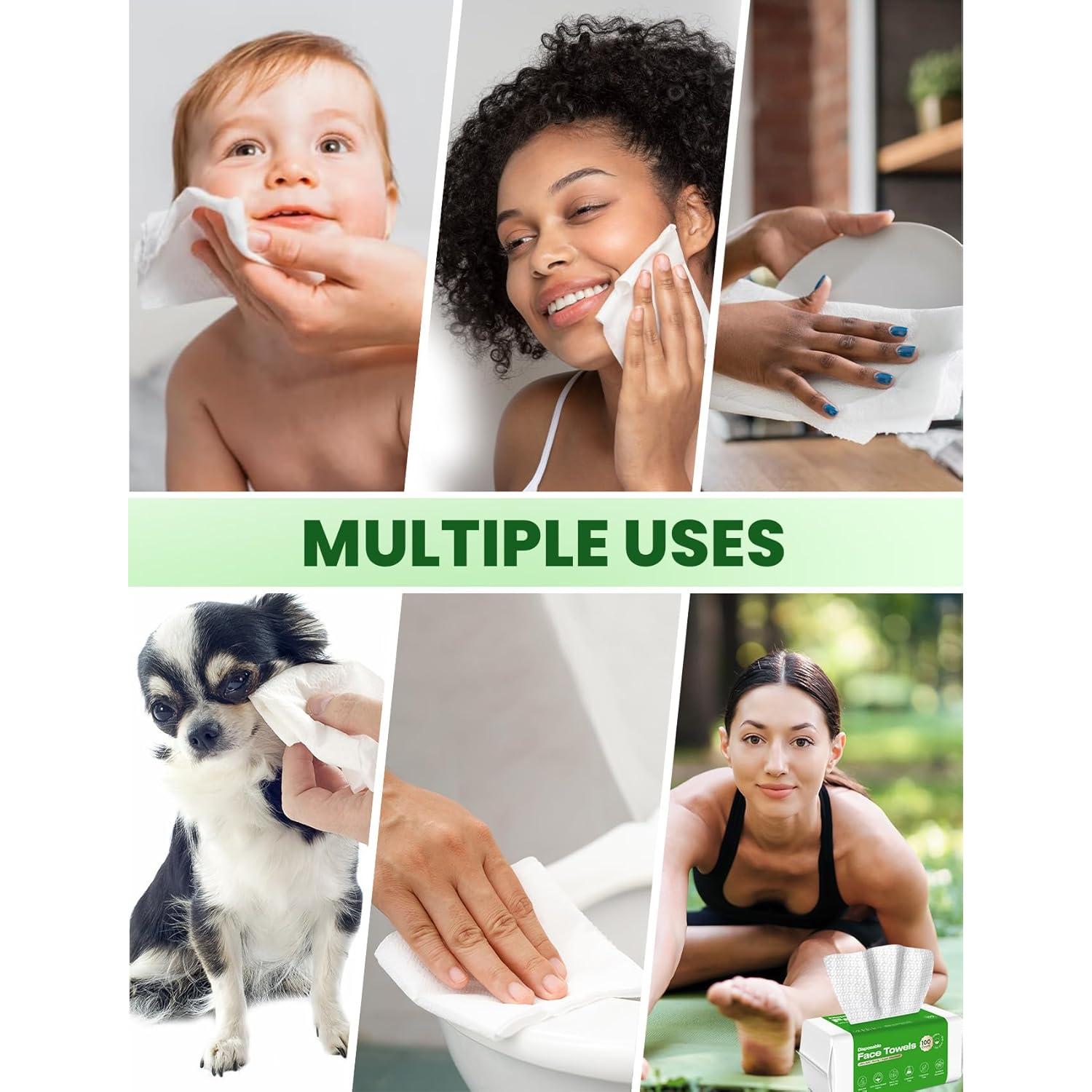 Elvira 100 Count Disposable Face Towels, Biodegradable Facial Cleansing Towels, Ultra Soft & Thick Cloth for Sensitive Skin, Makeup Remover Dry Wipes, Lint-Free Towelettes for Cleansing