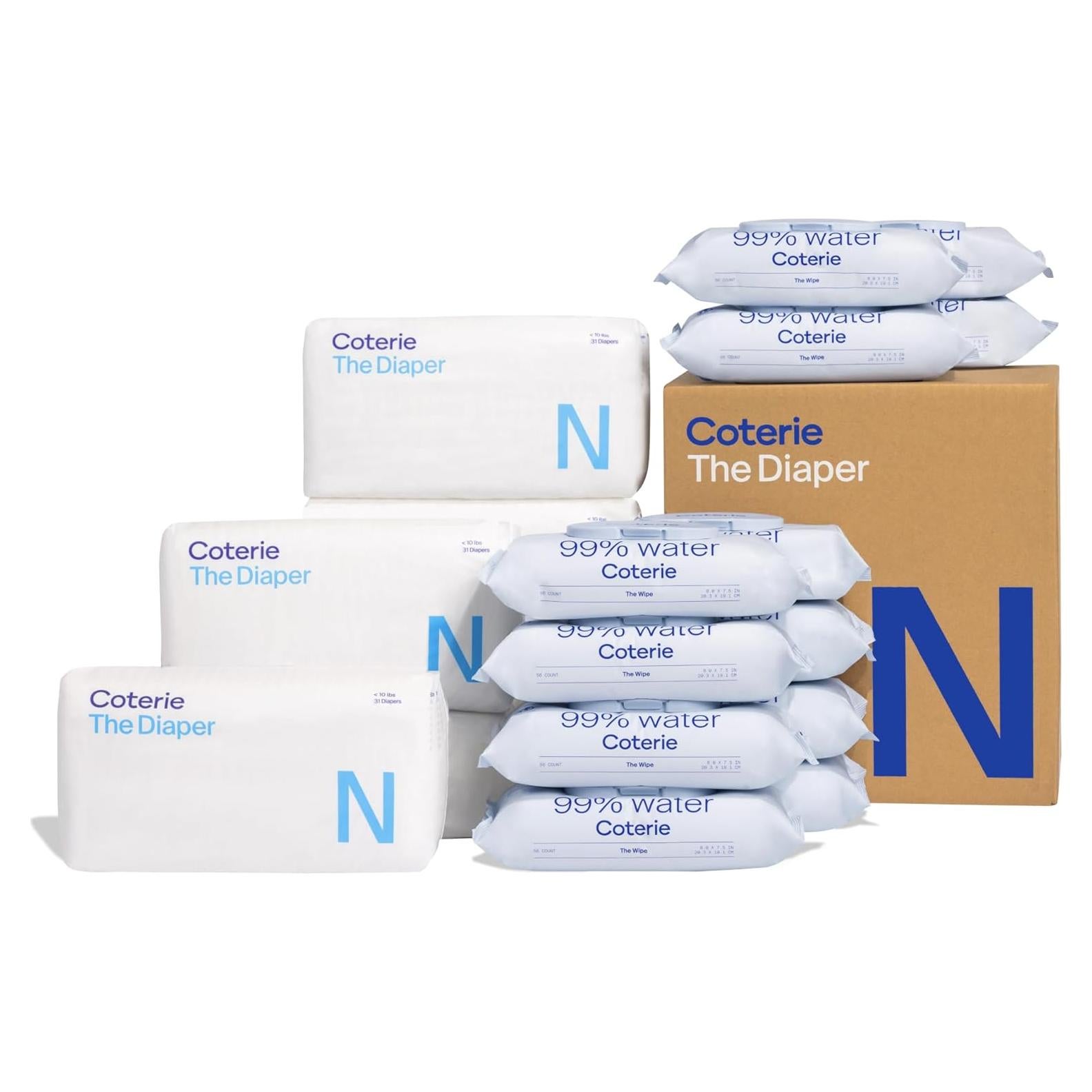 Kit Pañales Recién Nacido Coterie 186u + Toallitas 672u Hipoalergénicas