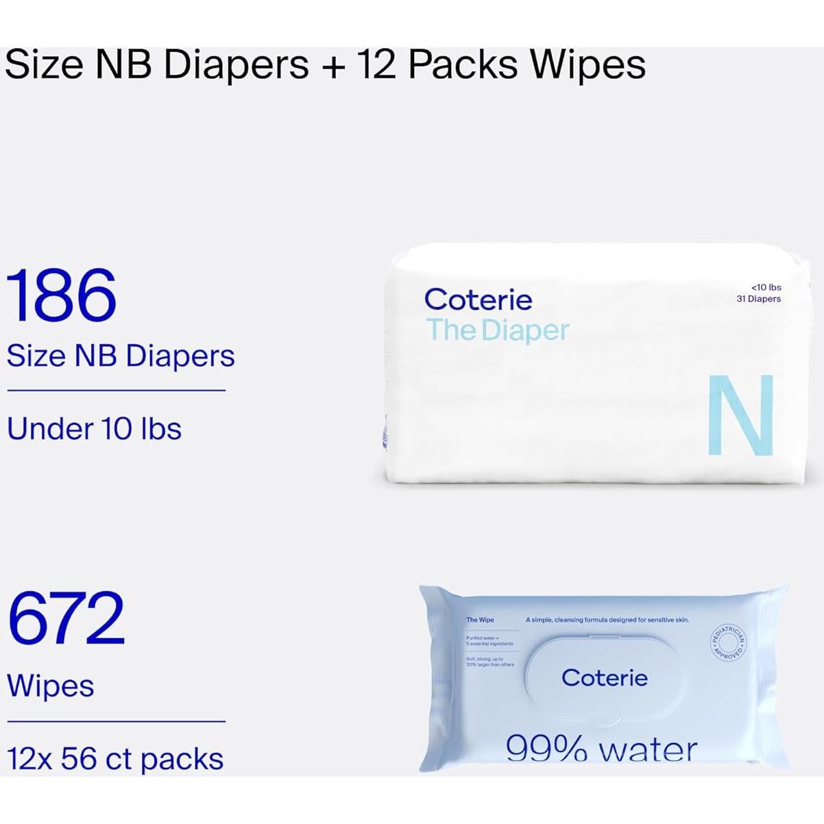 Kit Pañales Recién Nacido Coterie 186u + Toallitas 672u Hipoalergénicas