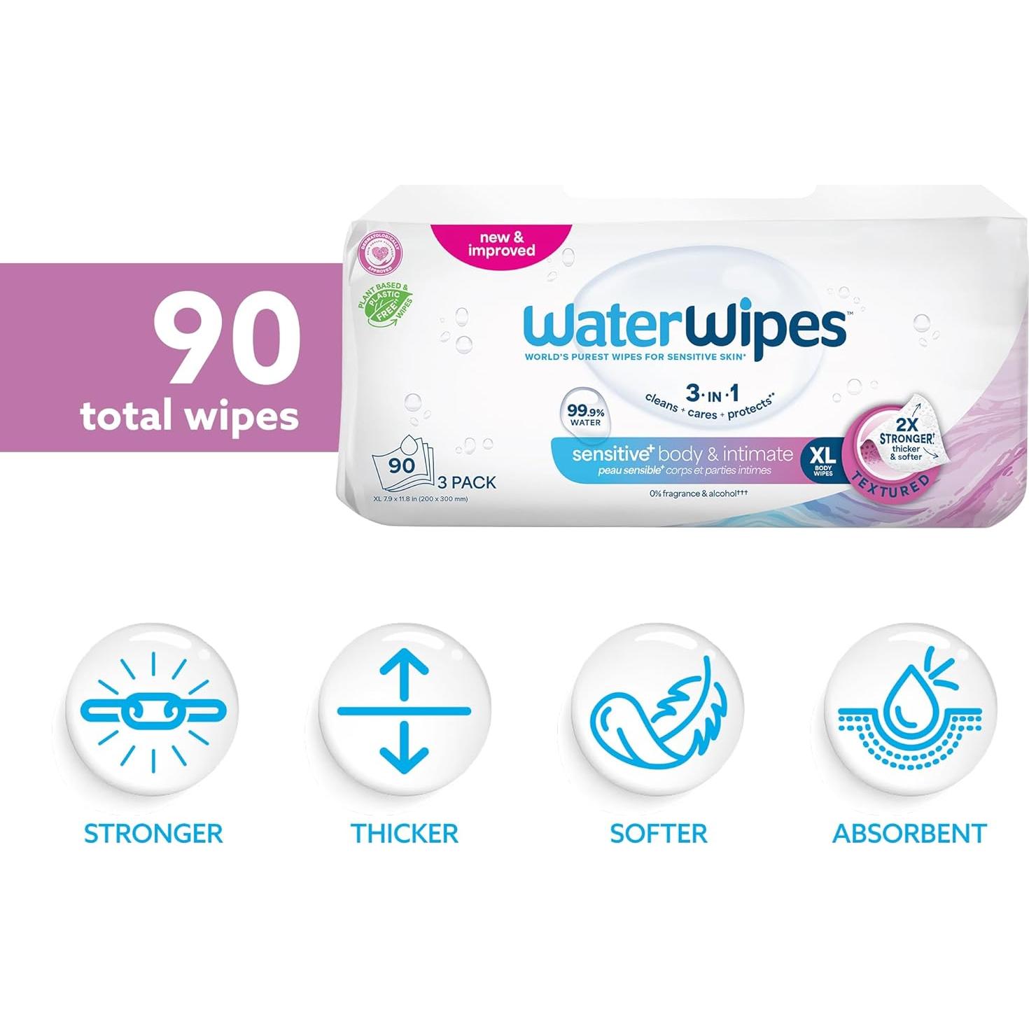 Toallitas Húmedas WaterWipes+ para Cuerpo e Íntimas 90 Unidades