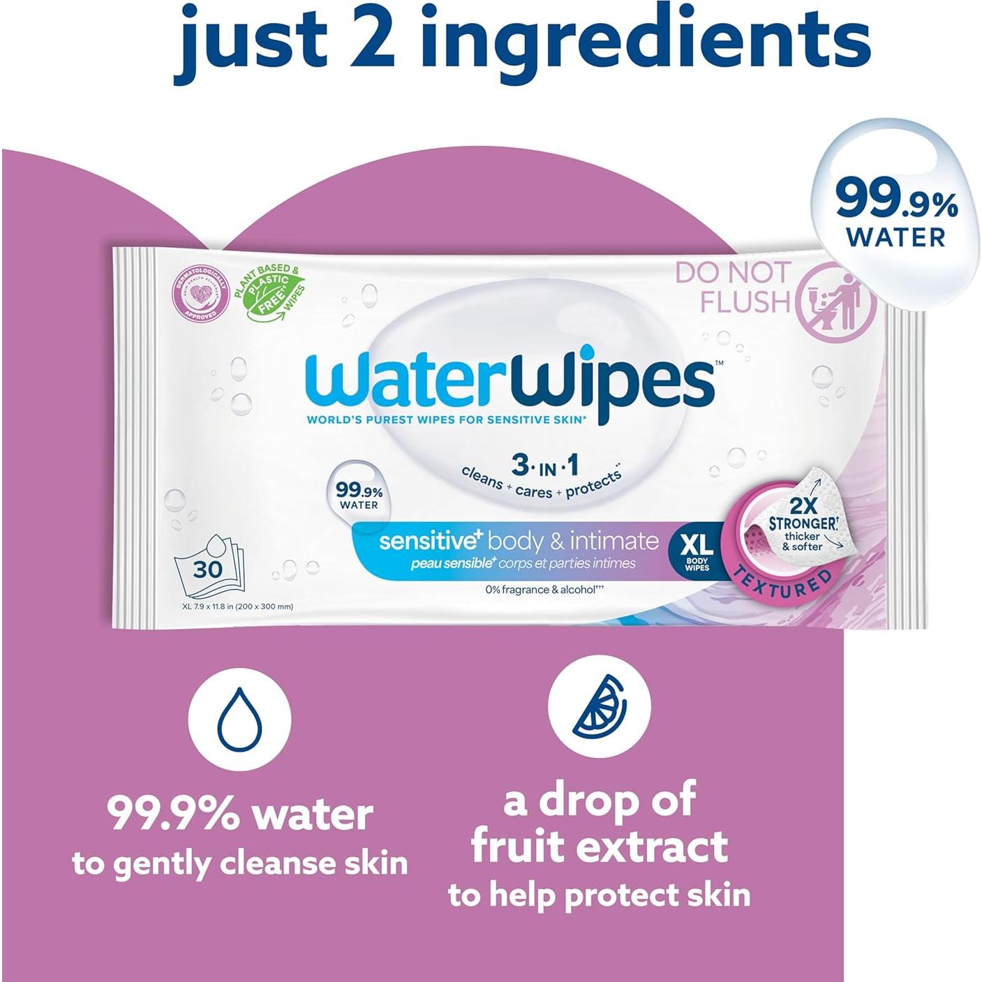 Toallitas Húmedas WaterWipes+ para Cuerpo e Íntimas 90 Unidades