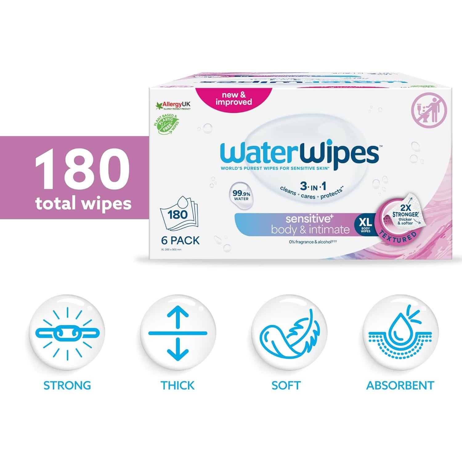 Toallitas Húmedas WaterWipes+ para Cuerpo e Íntimas 180 Unidades