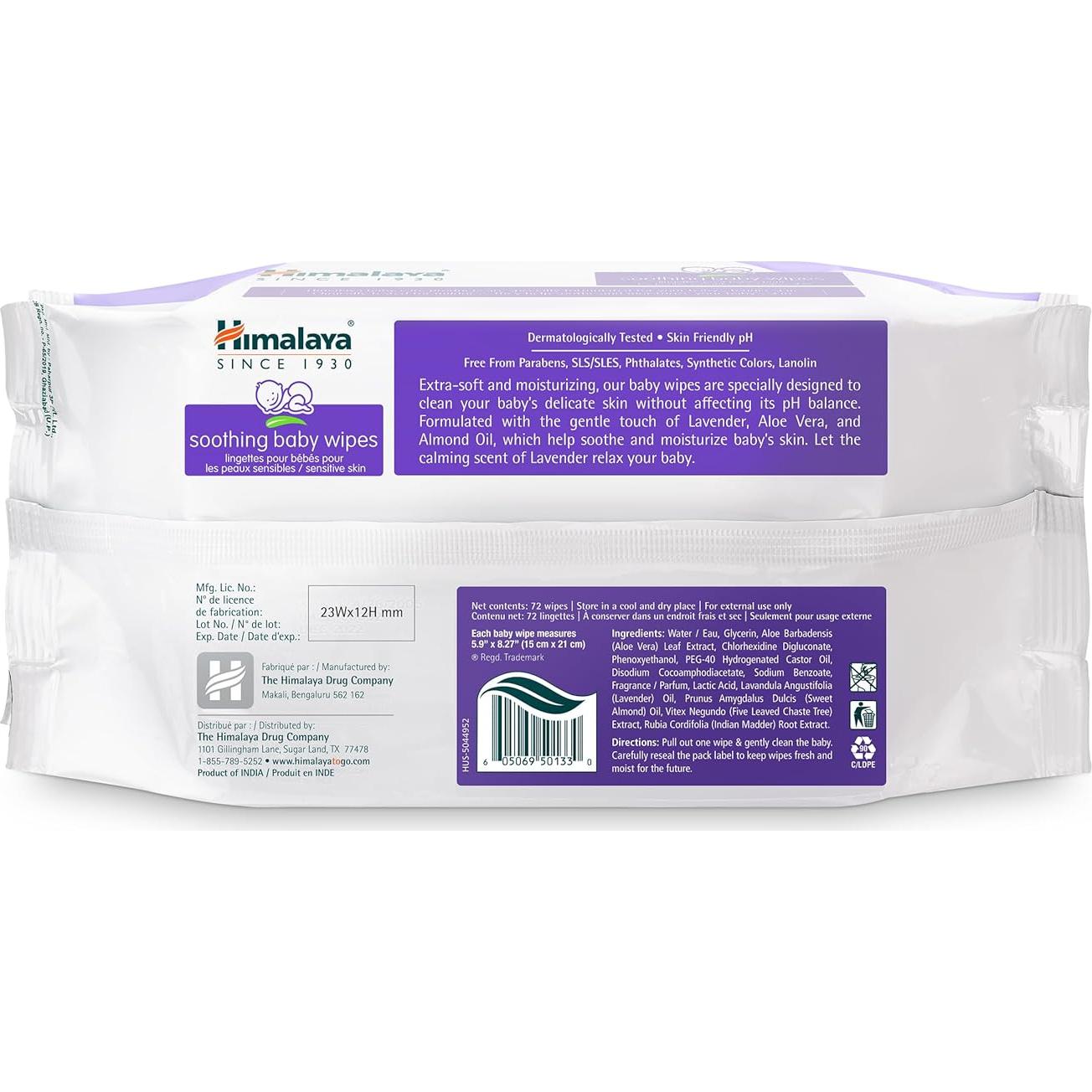 Toallitas Calmantes para Bebés Himalaya - 72 Unidades, Aloe Vera y Lavanda