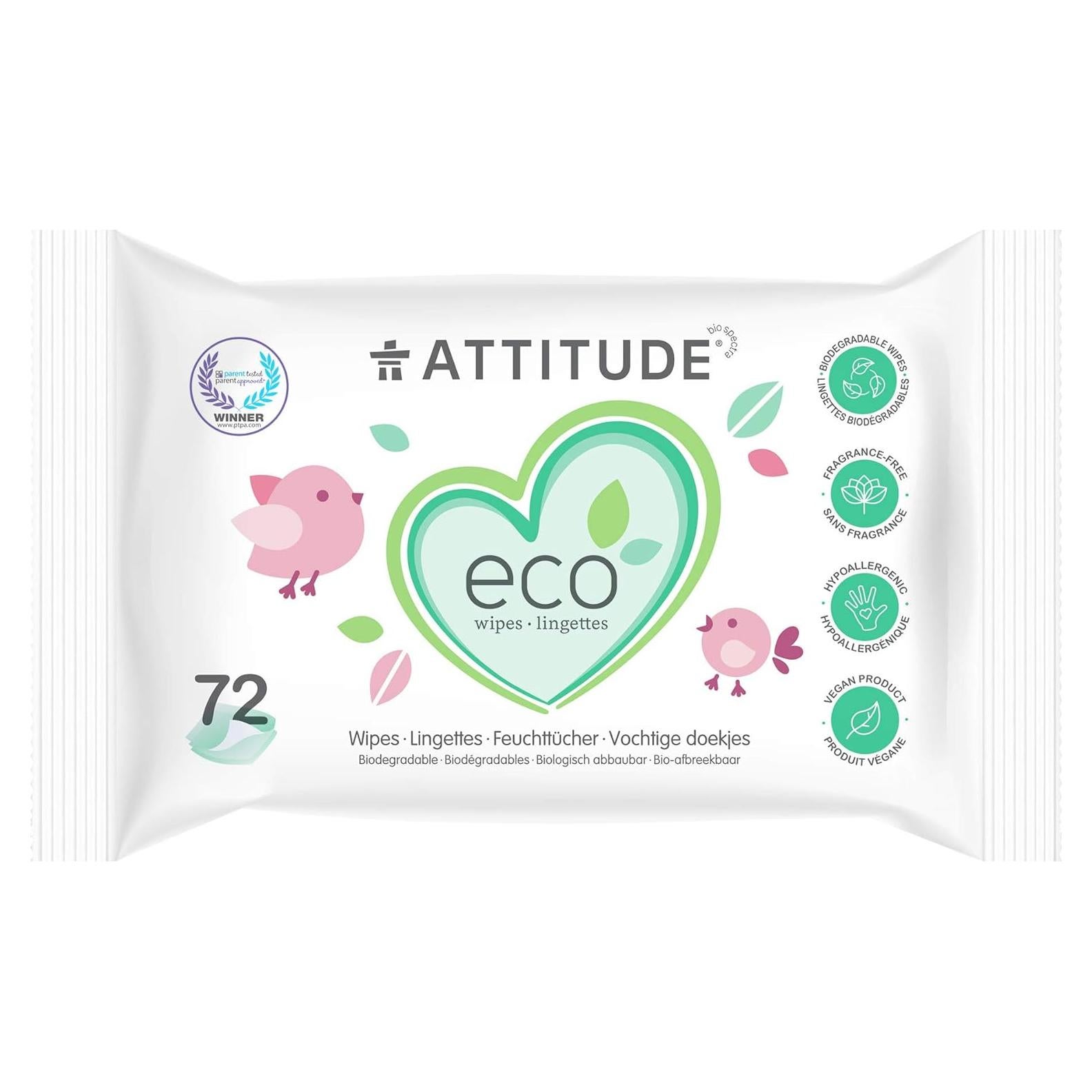 Toallitas Húmedas Biodegradables ATTITUDE 72 Unidades Sin Fragancia