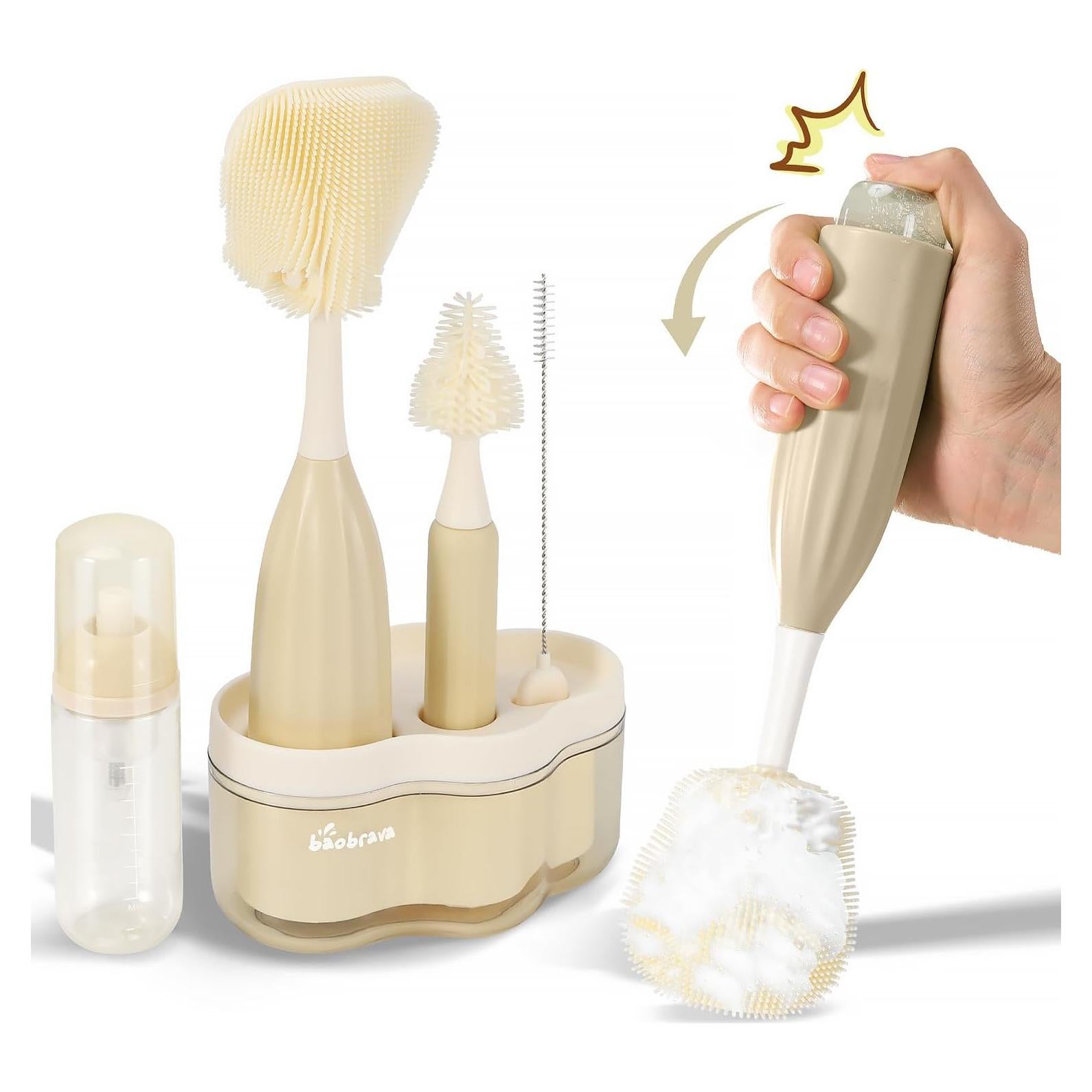 6-in-1 Baby Bottle Clearner Brush Set: Easier Foam Generating with Ergonomical Pump Dispenser, Serving Bottle, Nipple, Straw, and Breast Pump. Drying Rack and Travel Bag Included, Beige-Brown.