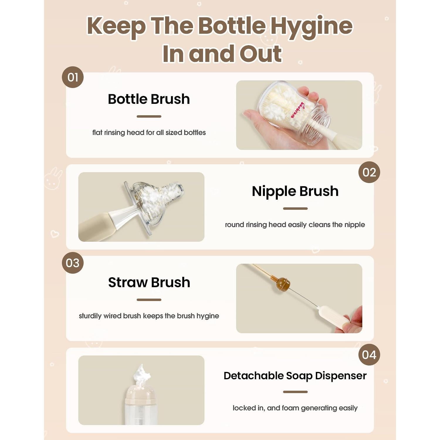 6-in-1 Baby Bottle Clearner Brush Set: Easier Foam Generating with Ergonomical Pump Dispenser, Serving Bottle, Nipple, Straw, and Breast Pump. Drying Rack and Travel Bag Included, Beige-Brown.