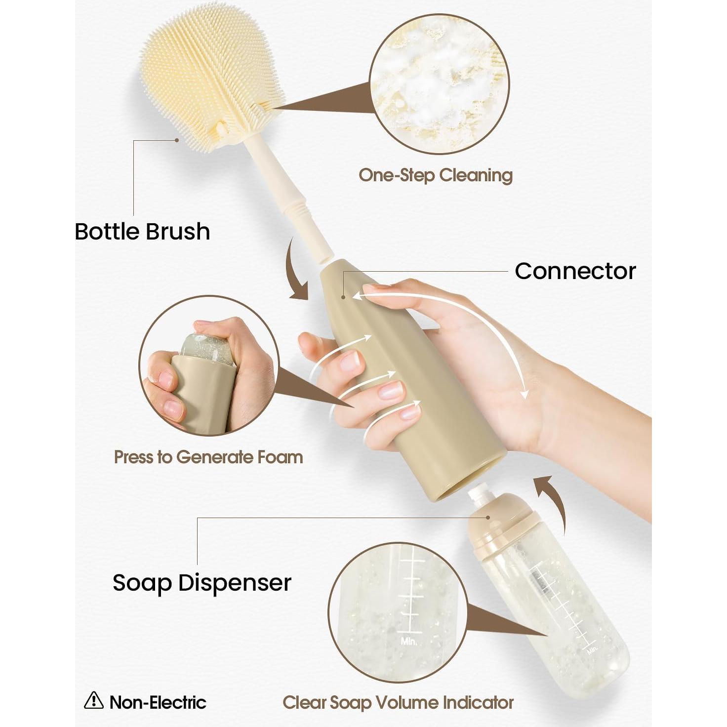 6-in-1 Baby Bottle Clearner Brush Set: Easier Foam Generating with Ergonomical Pump Dispenser, Serving Bottle, Nipple, Straw, and Breast Pump. Drying Rack and Travel Bag Included, Beige-Brown.
