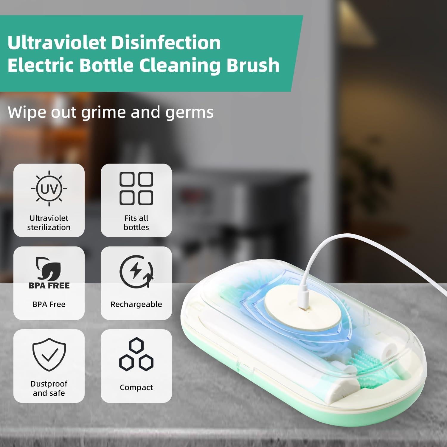 Cepillo Eléctrico para Botellas QCBF Verde 360° 2 Modos