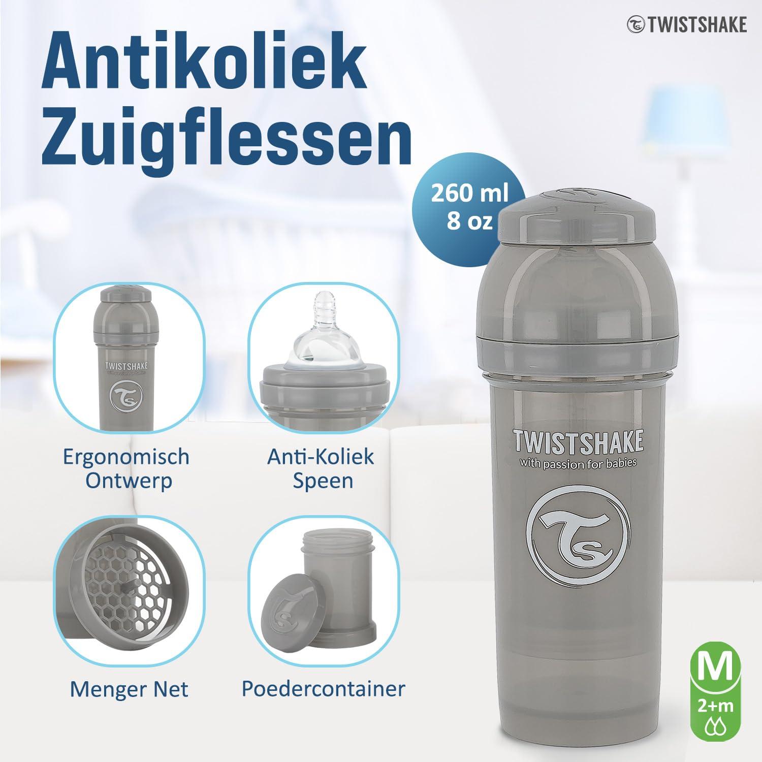 Botella Anticólica Twistshake 260ml con Contenedor 100ml - Gris Pastel