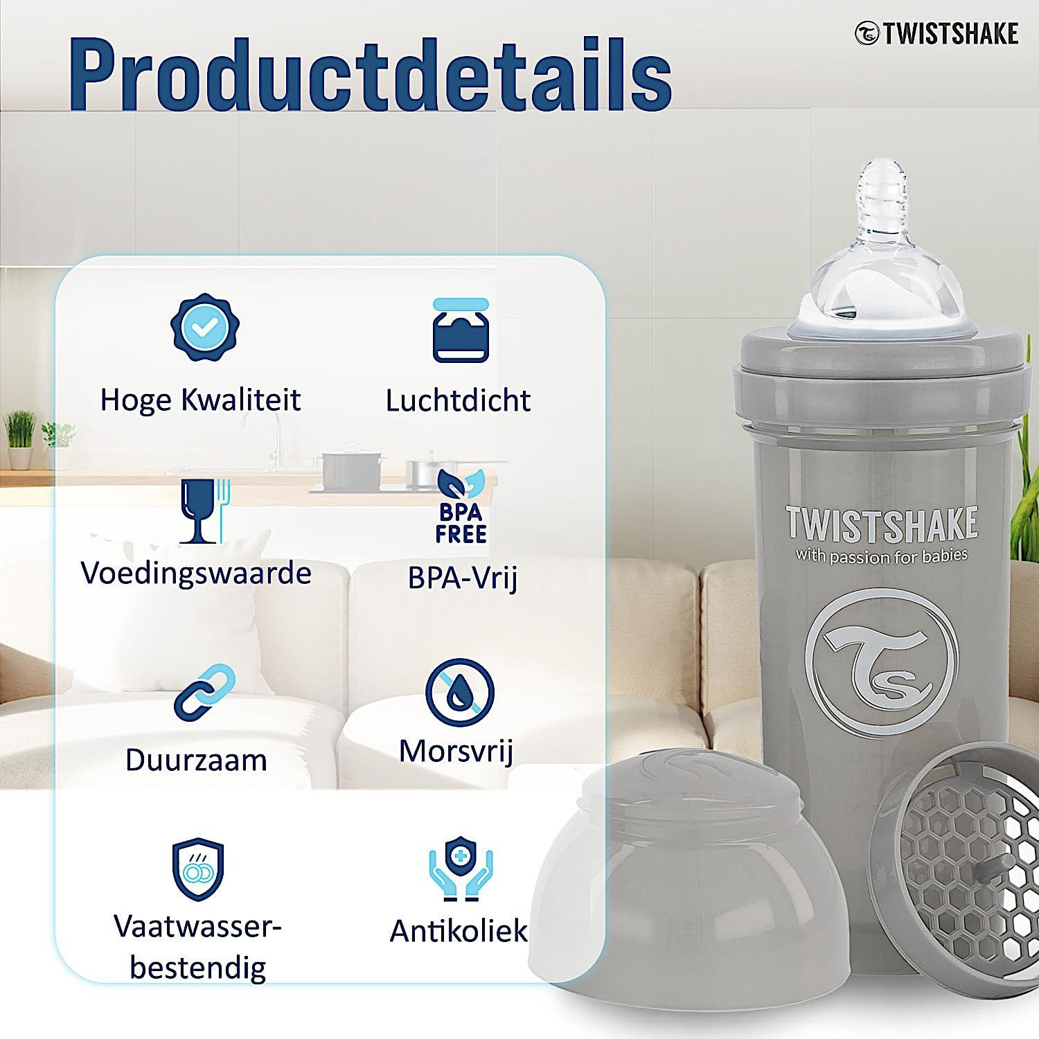 Botella Anticólica Twistshake 260ml con Contenedor 100ml - Gris Pastel