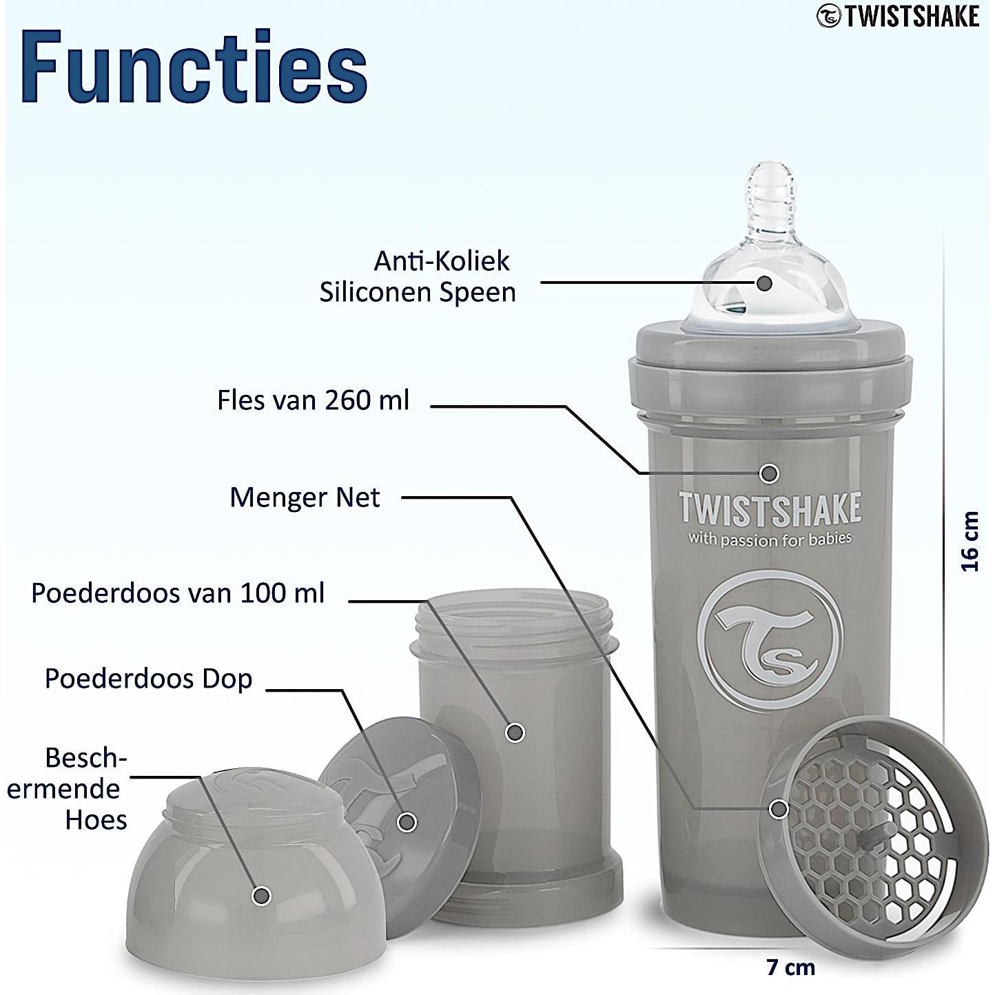 Botella Anticólica Twistshake 260ml con Contenedor 100ml - Gris Pastel