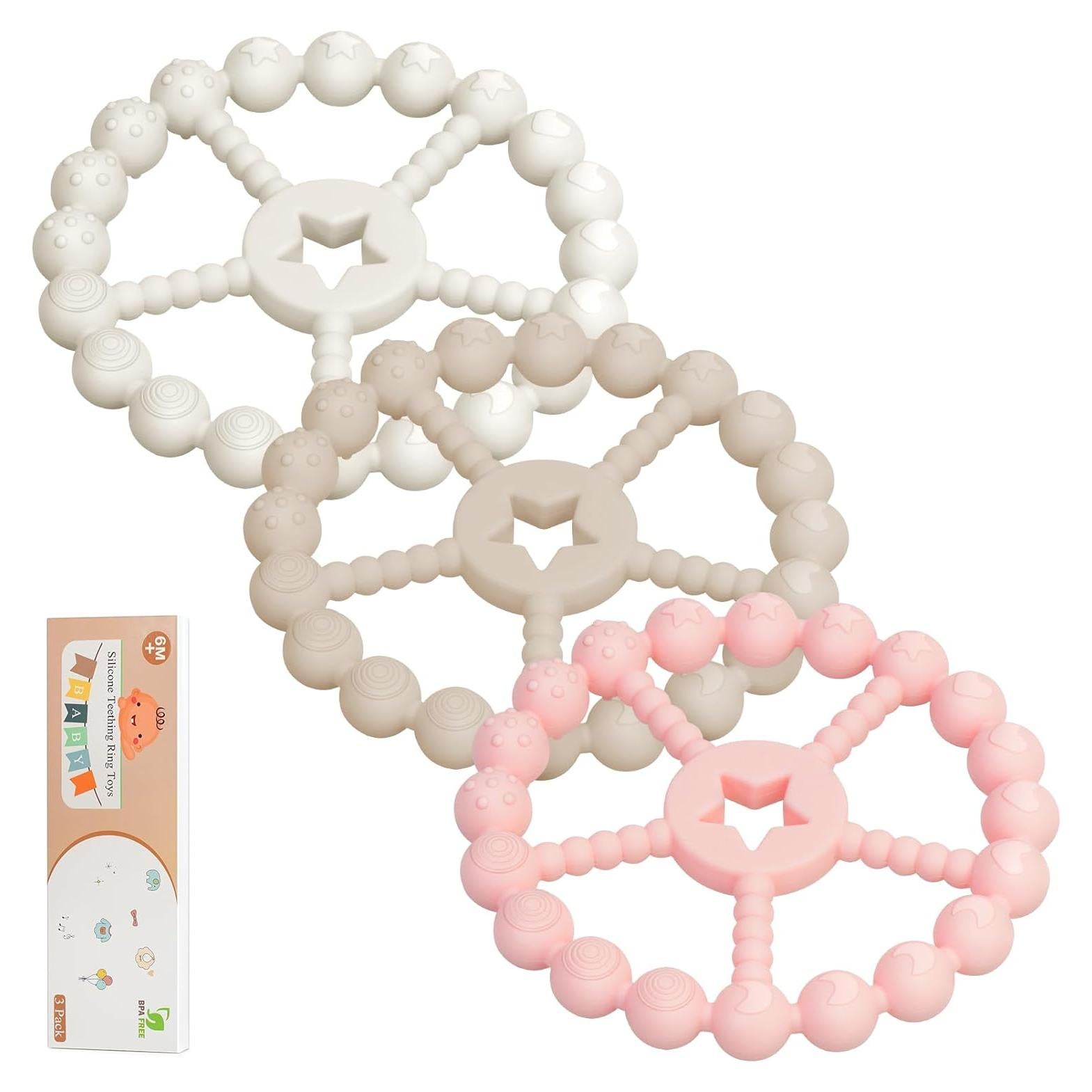 Baby Teething Toys 0-12 Months - Loviomad 3 Pack Ring Teether Baby Toys, Newborn Infant Essentials, Food Grade Silicone Teething Toys for Babies 6-12 Months, Shower Gifts Teething Relief (Girl/Boy)
