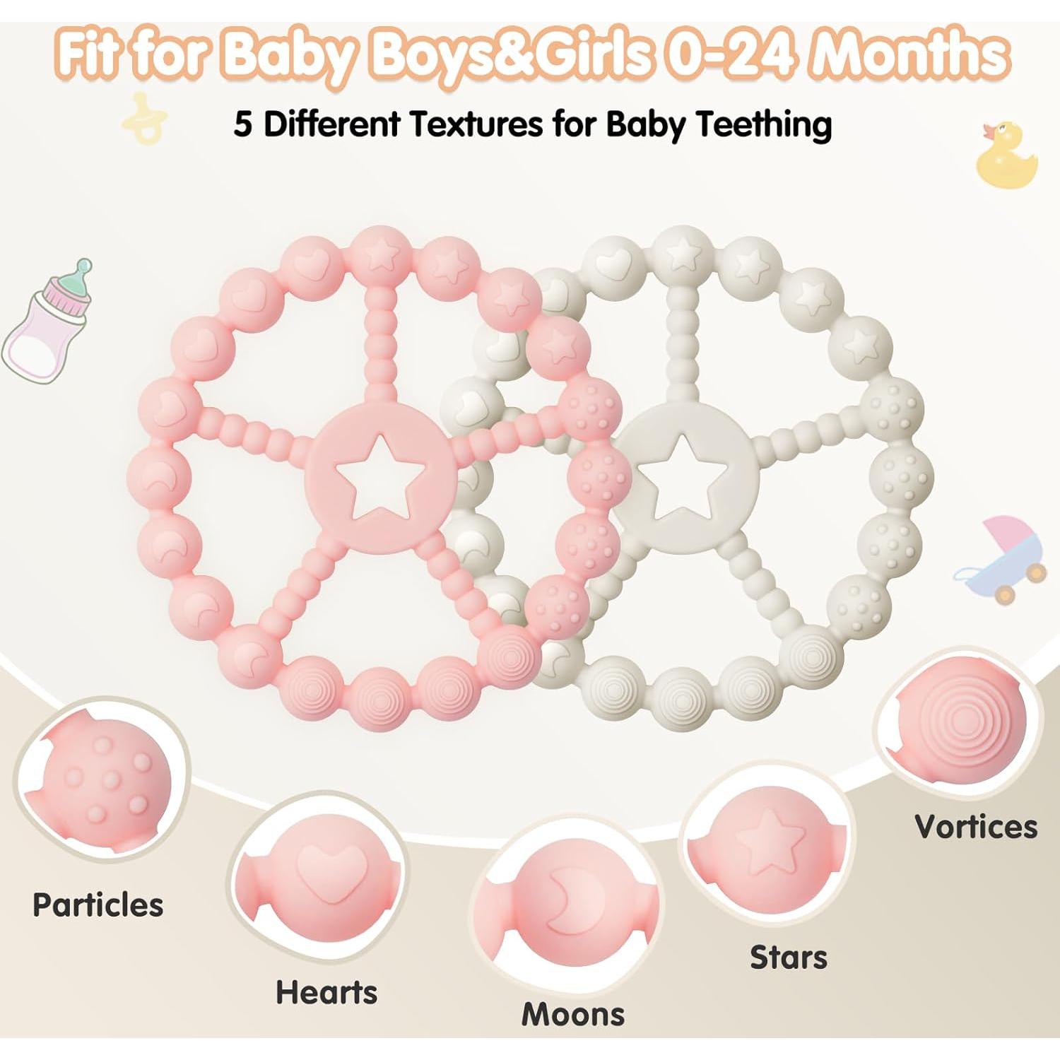 Baby Teething Toys 0-12 Months - Loviomad 3 Pack Ring Teether Baby Toys, Newborn Infant Essentials, Food Grade Silicone Teething Toys for Babies 6-12 Months, Shower Gifts Teething Relief (Girl/Boy)