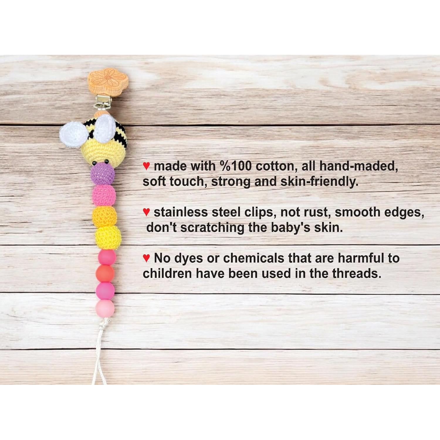 Clip de Chupete de Crochet Hecho a Mano Abeja Grande