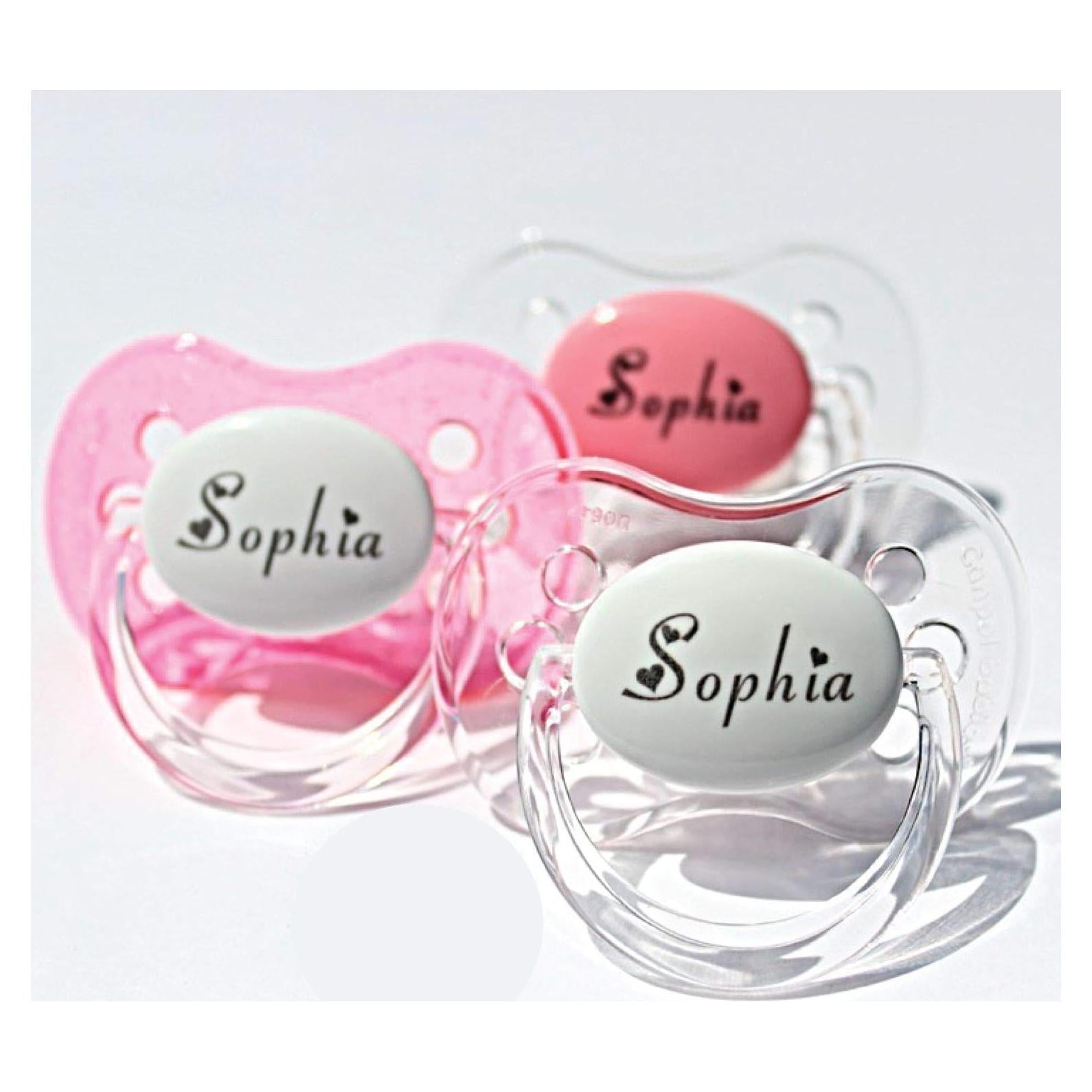 Chupetes Personalizados con Nombre - Paquete de 3 Rosa y Blanco - 0-6 y 6-18 Meses