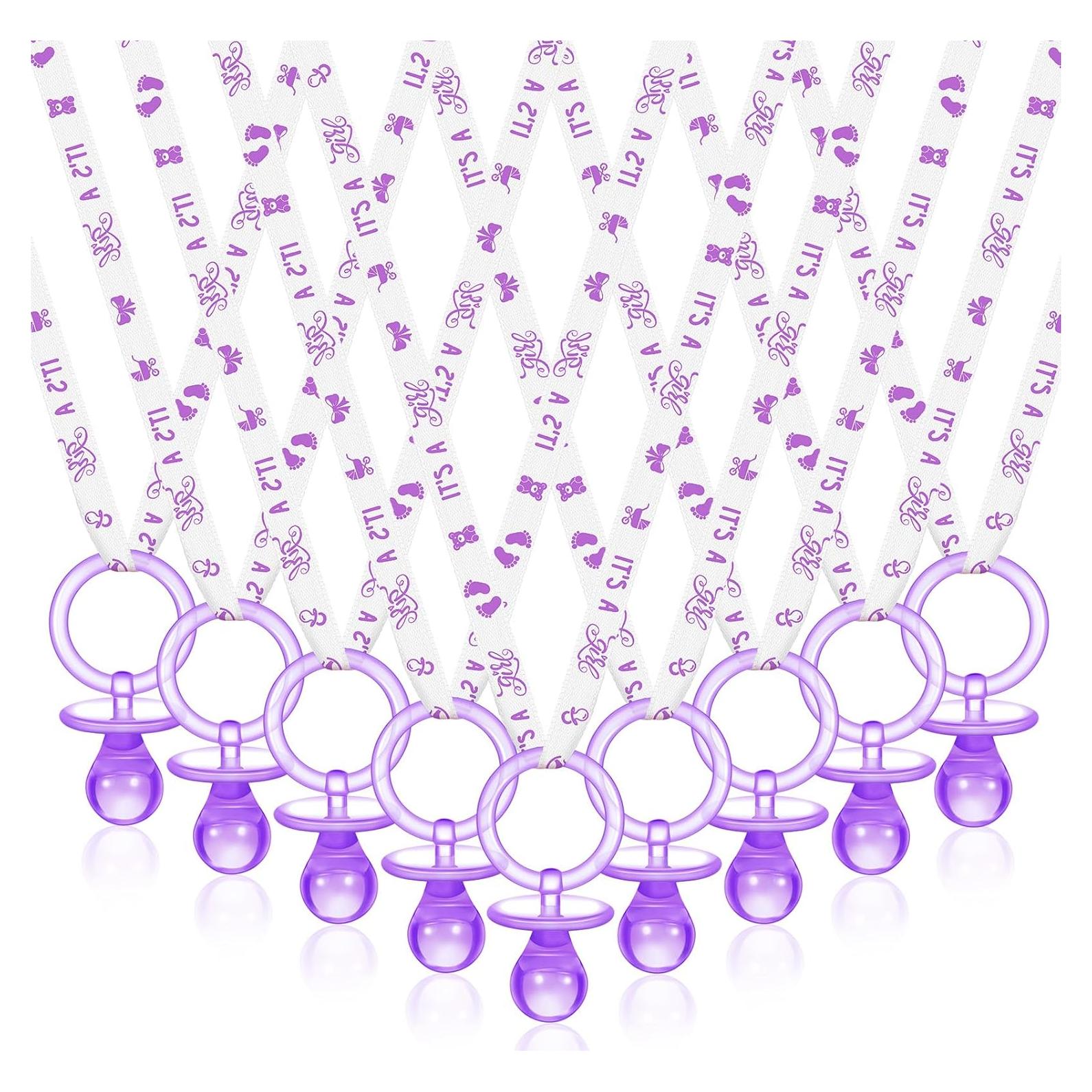 36 Chupetes Acrílicos para Baby Shower Tigeen - Púrpura y Blanco