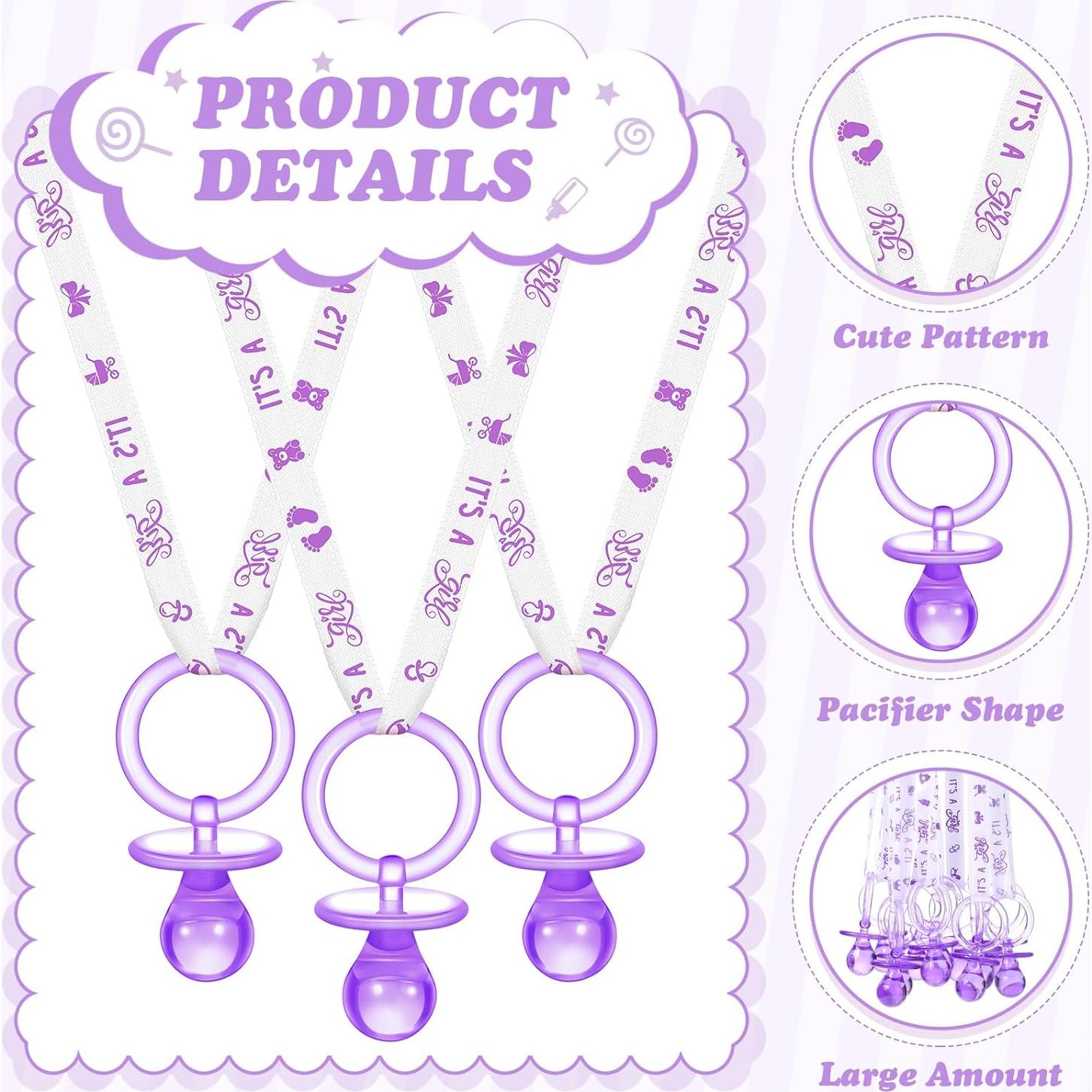 36 Chupetes Acrílicos para Baby Shower Tigeen - Púrpura y Blanco